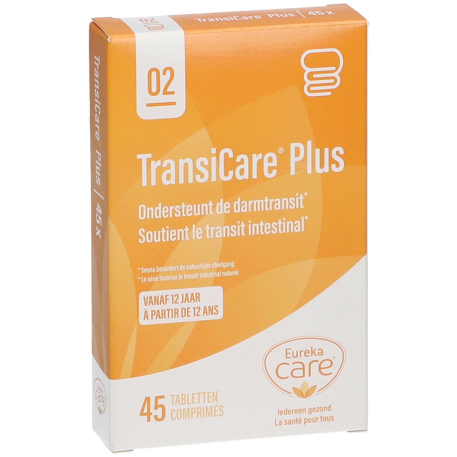 Oranje doos met witte achtergrond. Opschrift: TransiCare Plus, 45 tabletten. Merk: Eureka Care.