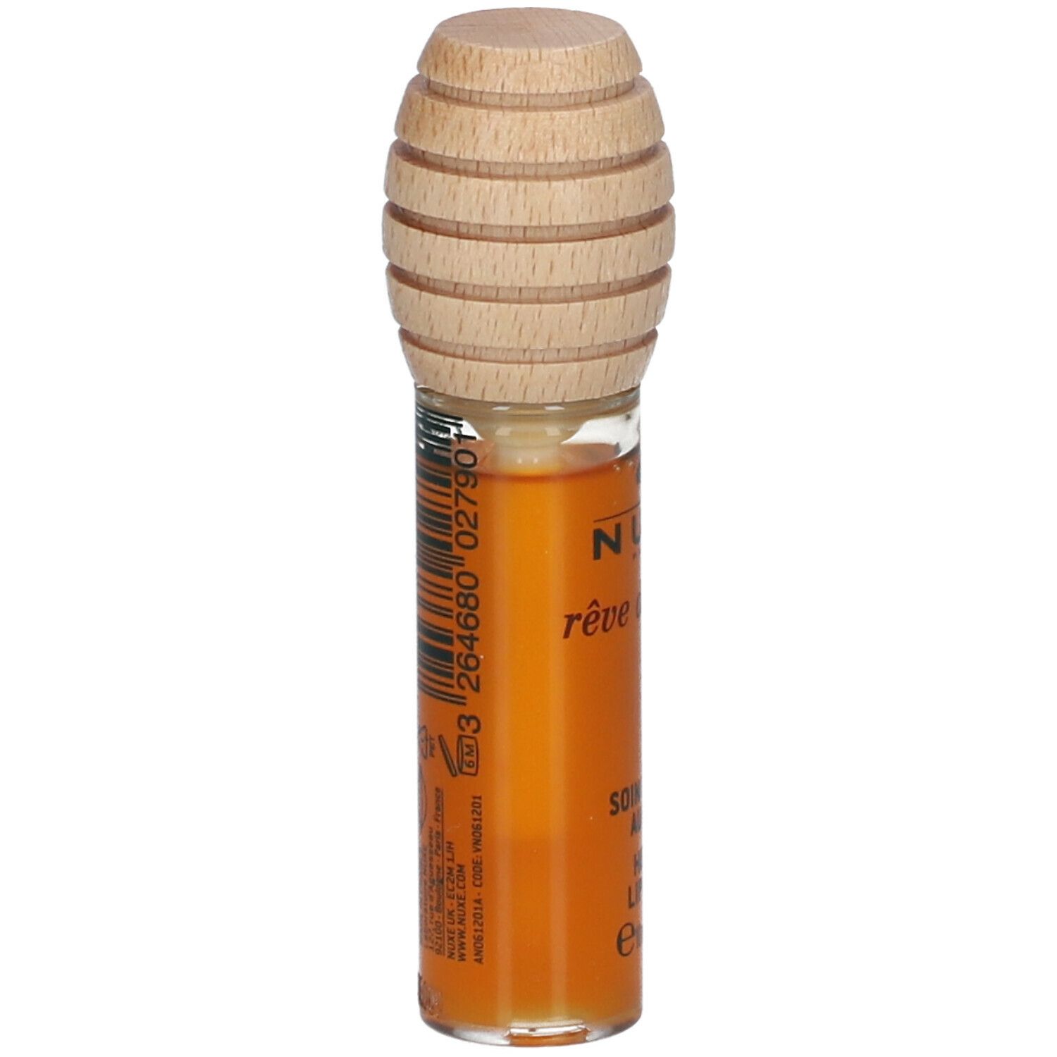 Soin lèvres au miel. Tube en verre avec bouchon en bois. Dos avec code-barres et texte. Inscription: Rêve de Miel.