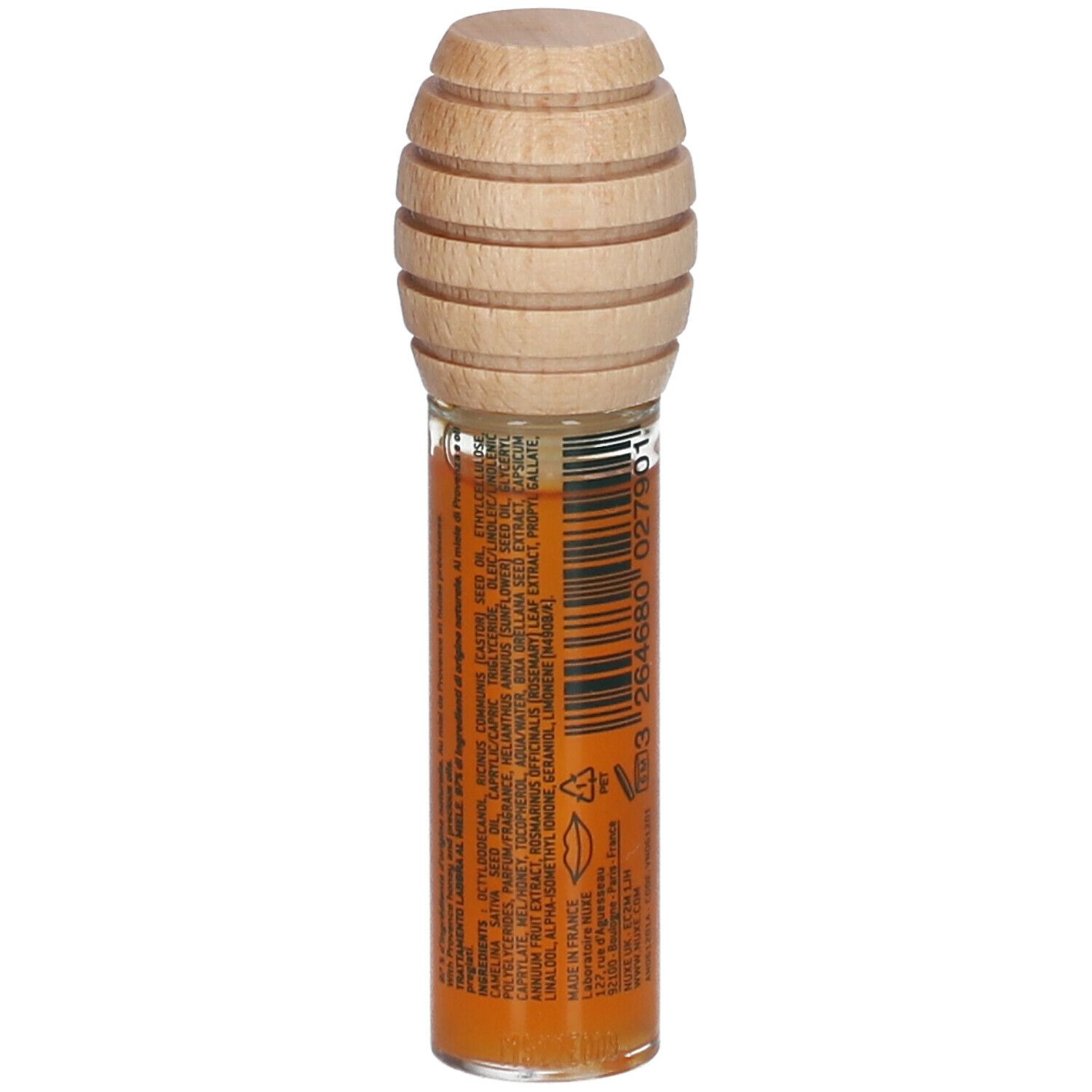 Soin lèvres au miel. Tube en verre avec bouchon en bois. Dos avec texte. Inscription: Rêve de Miel. Ingrédients.