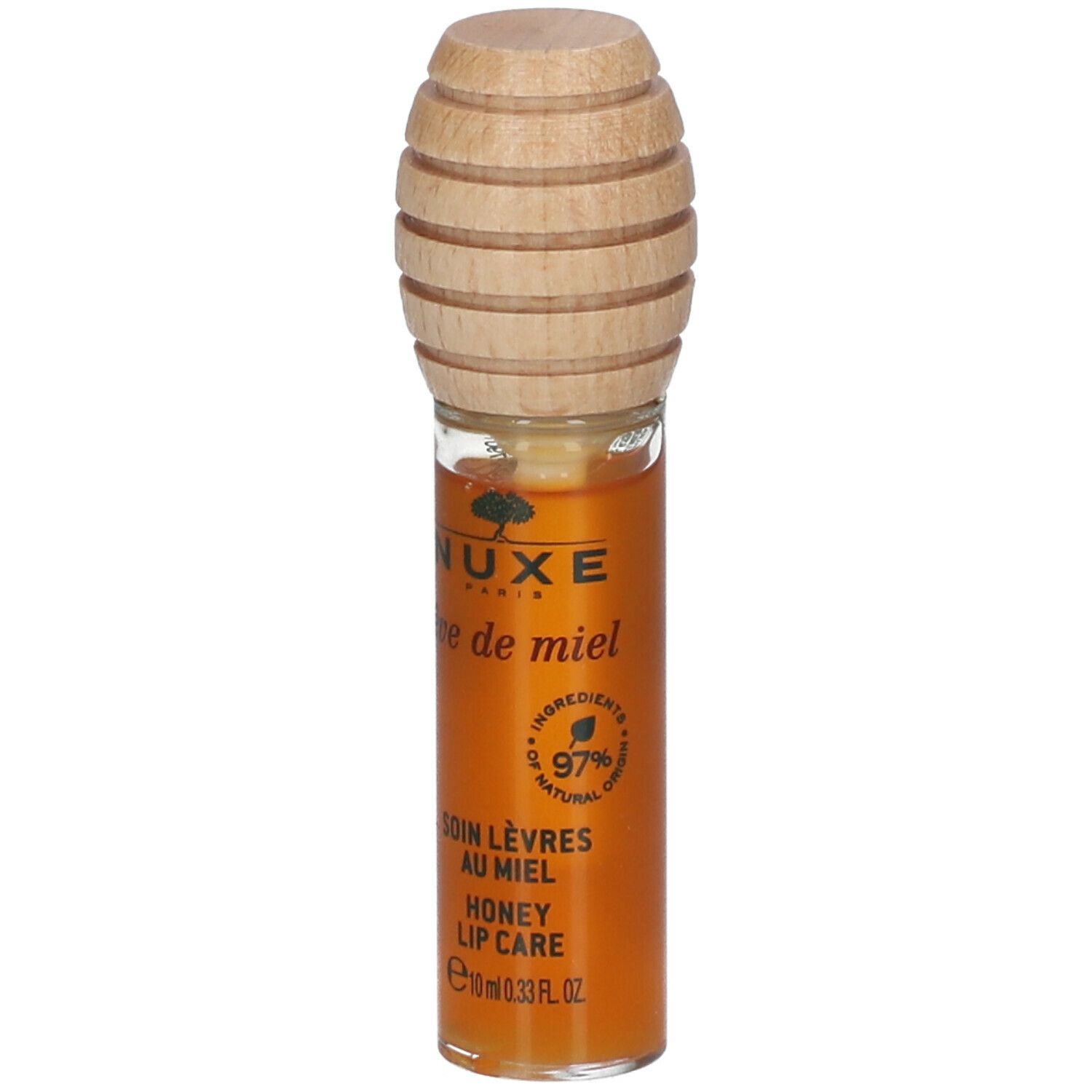 Soin lèvres au miel. Tube en verre avec bouchon en bois. Inscription: NUXE, Rêve de Miel, 97% ingrédients naturels.