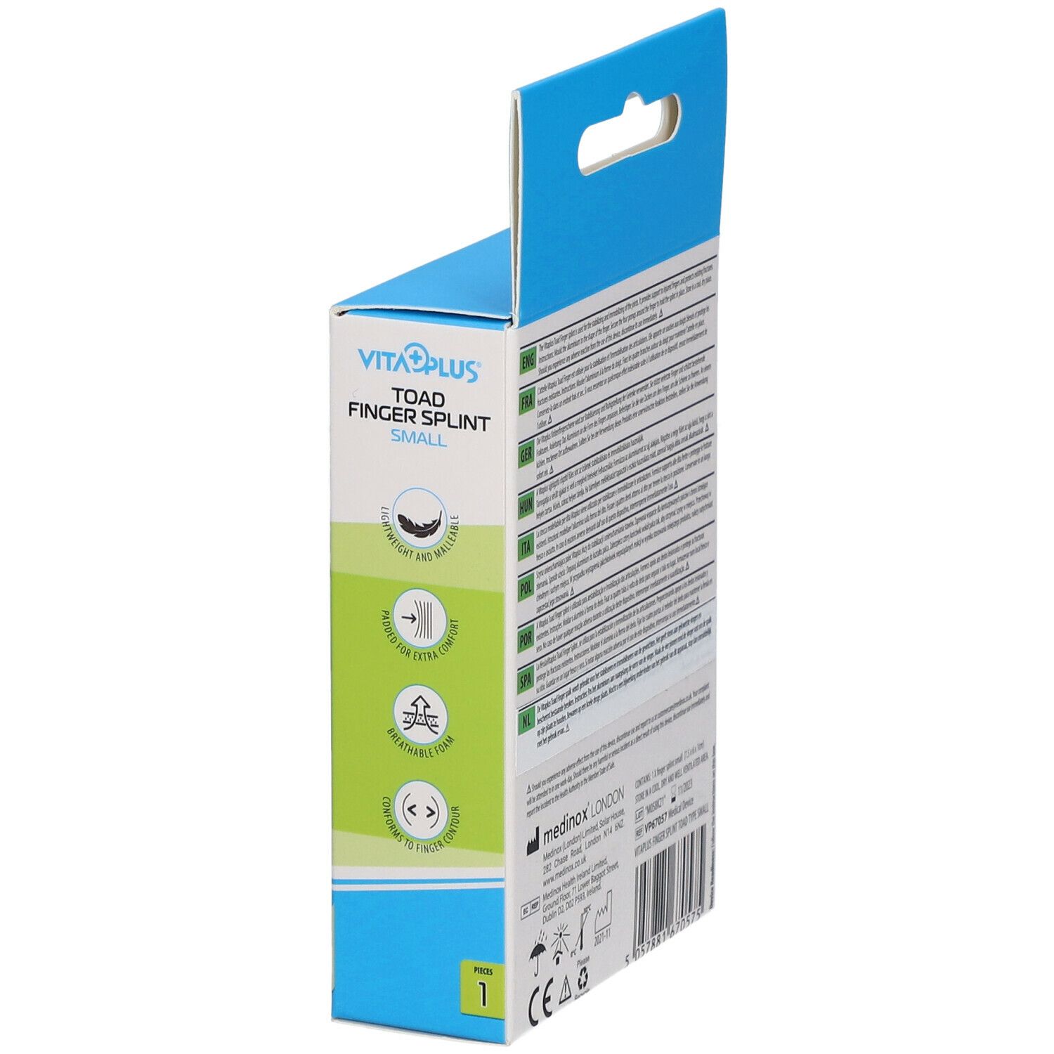 Vue latérale de la boîte. Nom du produit et logos. Informations et certifications.