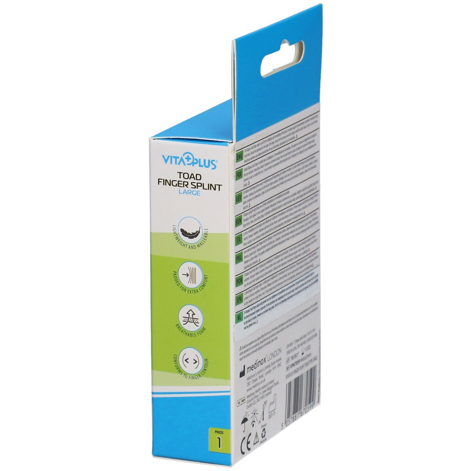 Côté de l'emballage de l'attelle de doigt. Boîte bleue et verte. Contient des informations sur le produit. Marque : Vita Plus. Marquage CE.