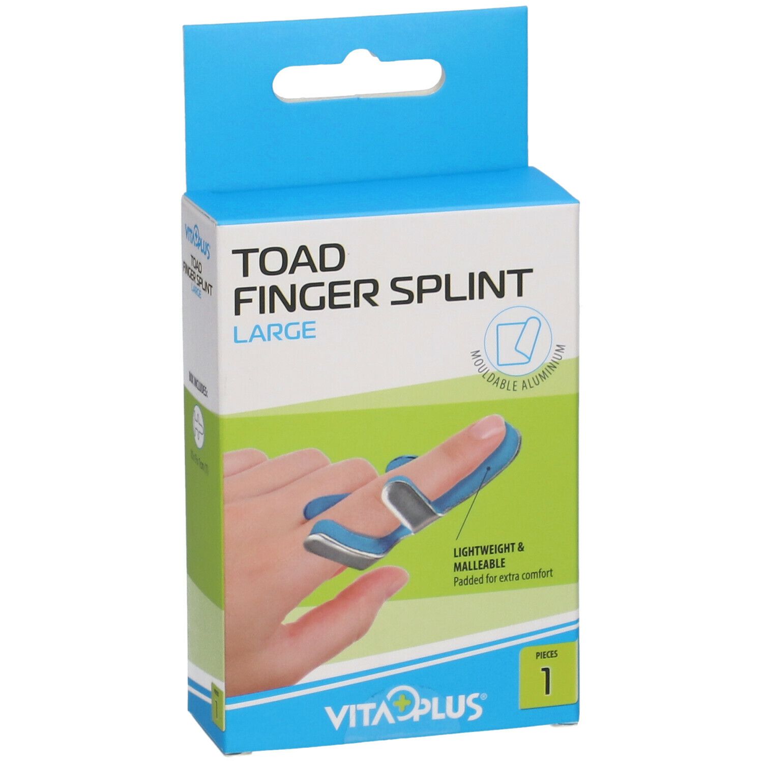 Emballage d'attelle de doigt. Boîte bleue et verte avec illustration du produit. Contient une attelle de doigt. Marque : Vita Plus.