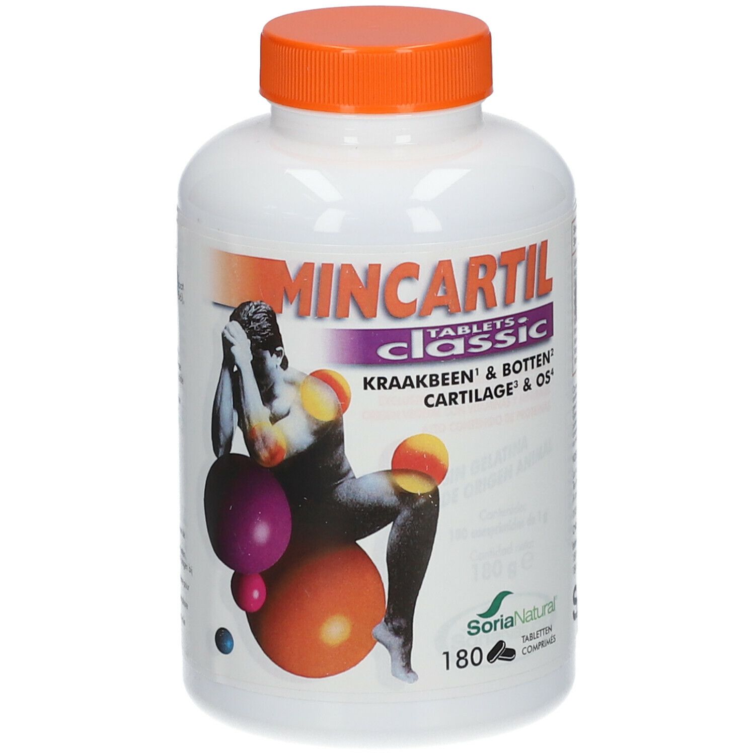 Witte fles met oranje dop. Opschrift Mincartil Tablets Classic. Afbeelding van een persoon op een gymnastiekbal.