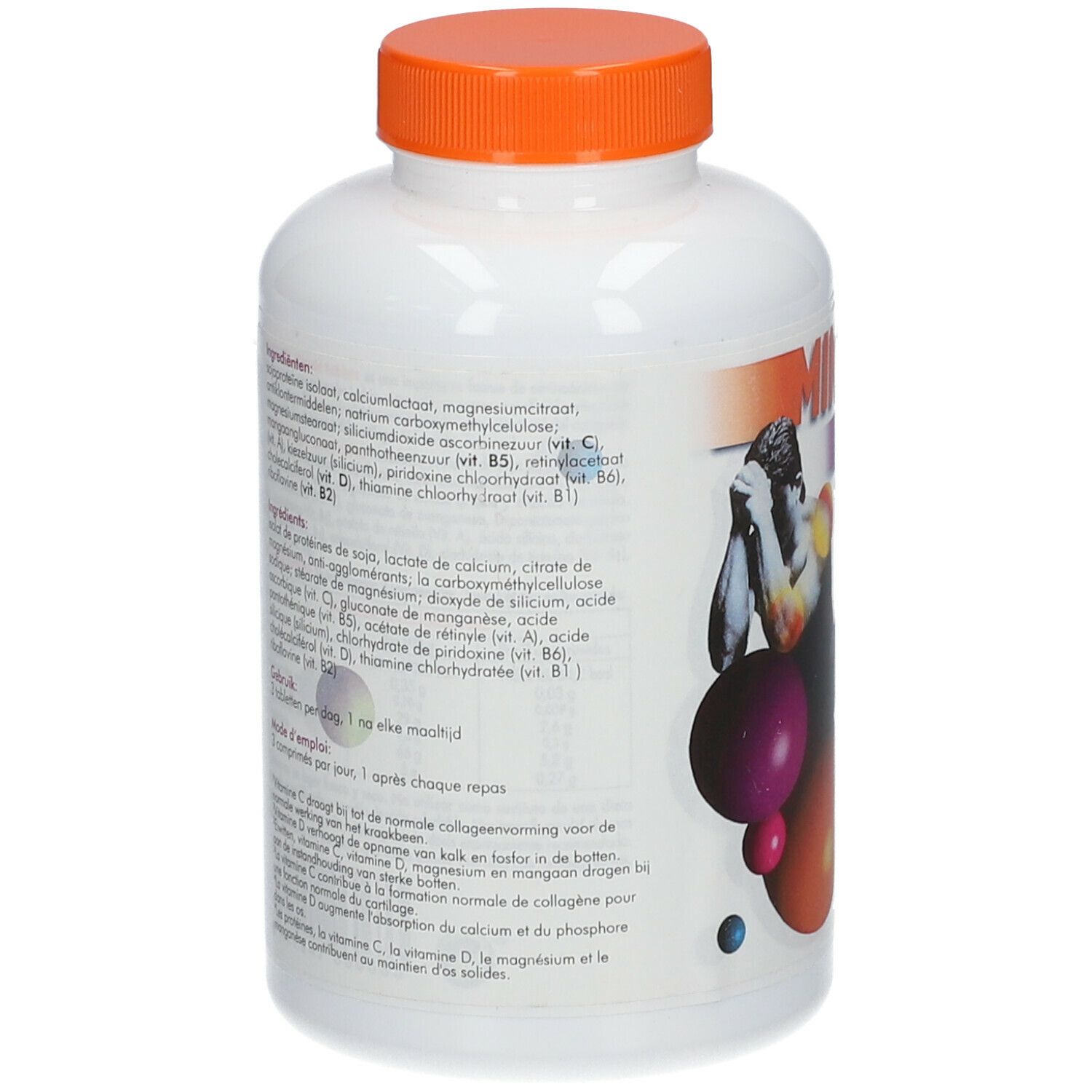Achterkant van de witte fles met oranje dop. Tekst met ingrediënten en gebruiksaanwijzing. Afbeelding van een persoon op een gymnastiekbal.