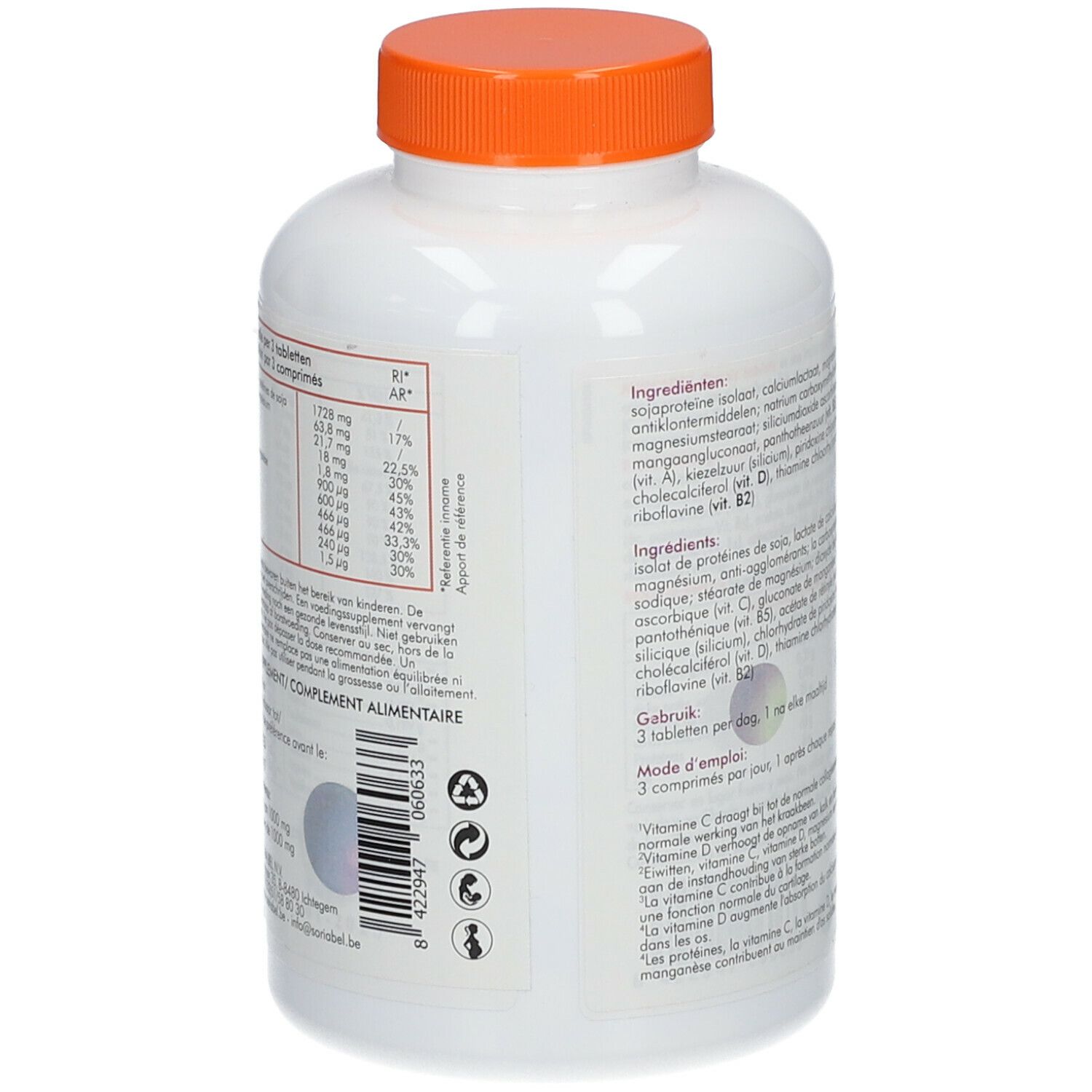 Achterkant van de witte fles met oranje dop. Tekst met voedingswaarde-informatie en gebruiksaanwijzing. Streepjescode.