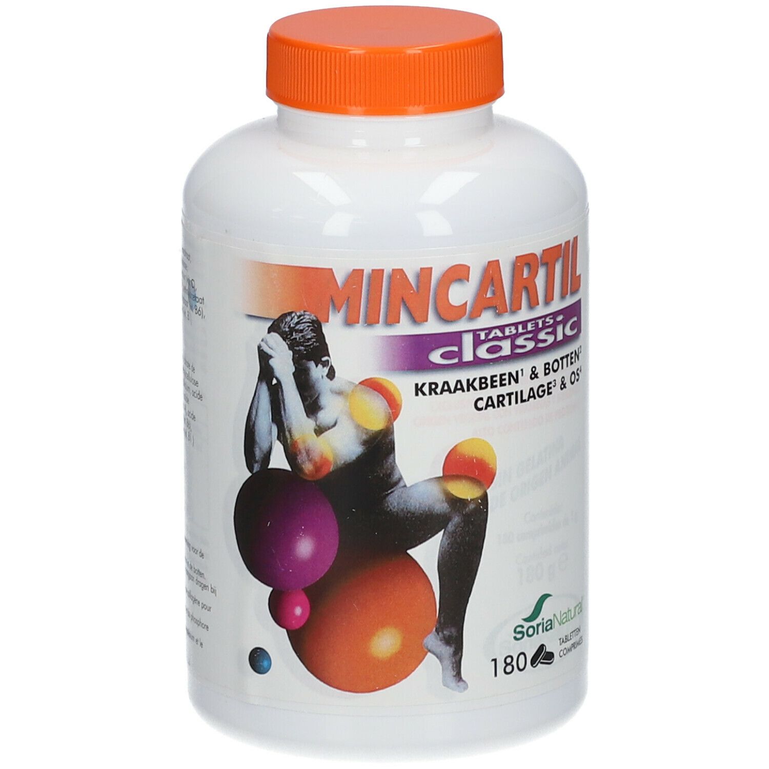 Witte fles met oranje dop. Opschrift Mincartil Tablets Classic. Afbeelding van een persoon op een gymnastiekbal.
