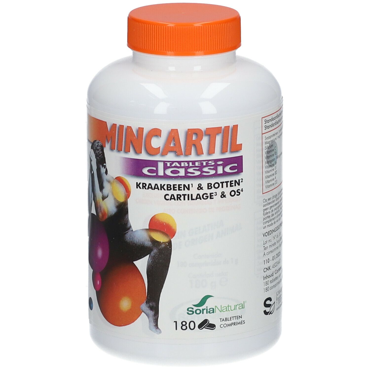 Witte fles met oranje dop. Opschrift Mincartil Tablets Classic. Afbeelding van een persoon op een gymnastiekbal. 180 tabletten.