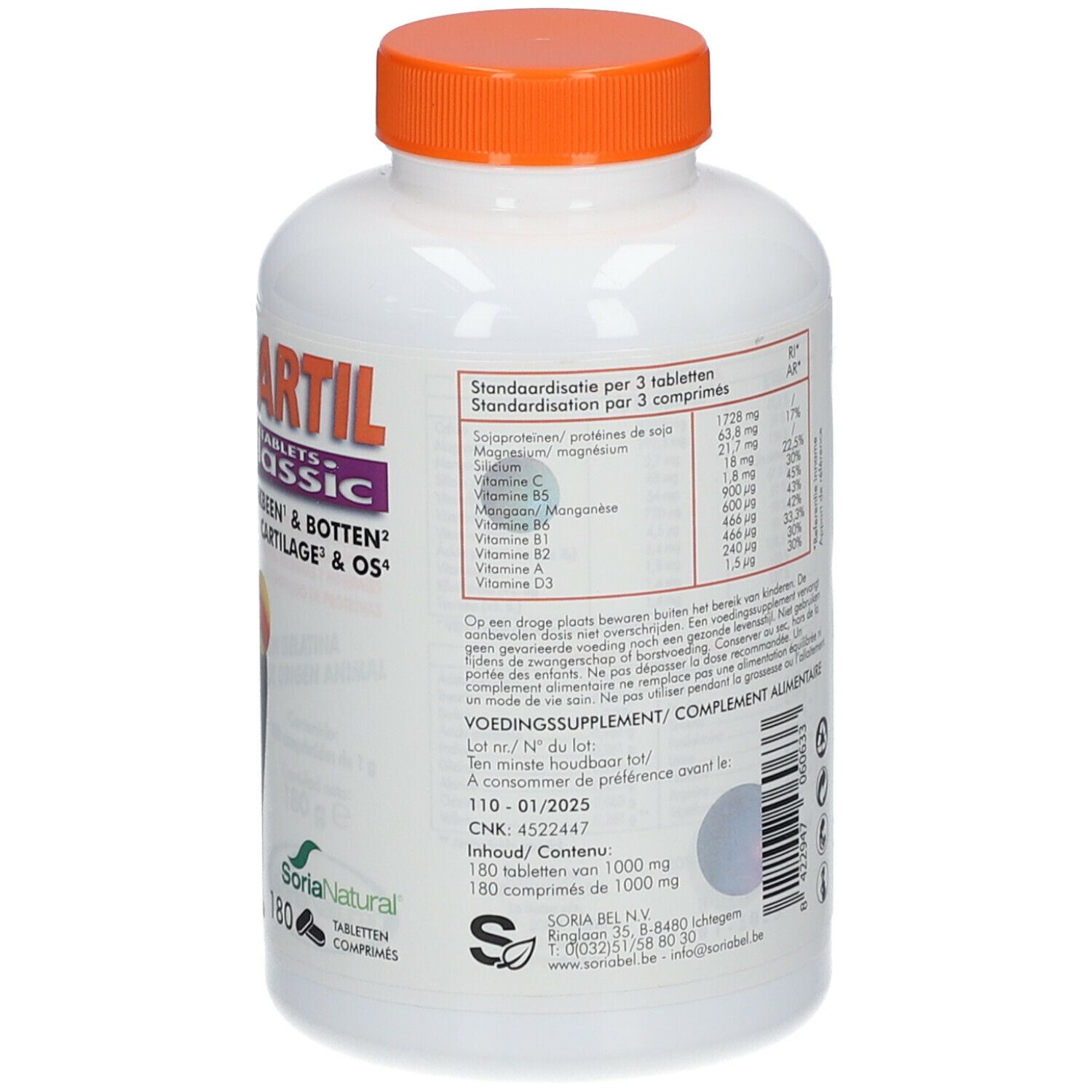 Achterkant van de witte fles met oranje dop. Tekst met voedingswaarde-informatie en gebruiksaanwijzing. 180 tabletten.