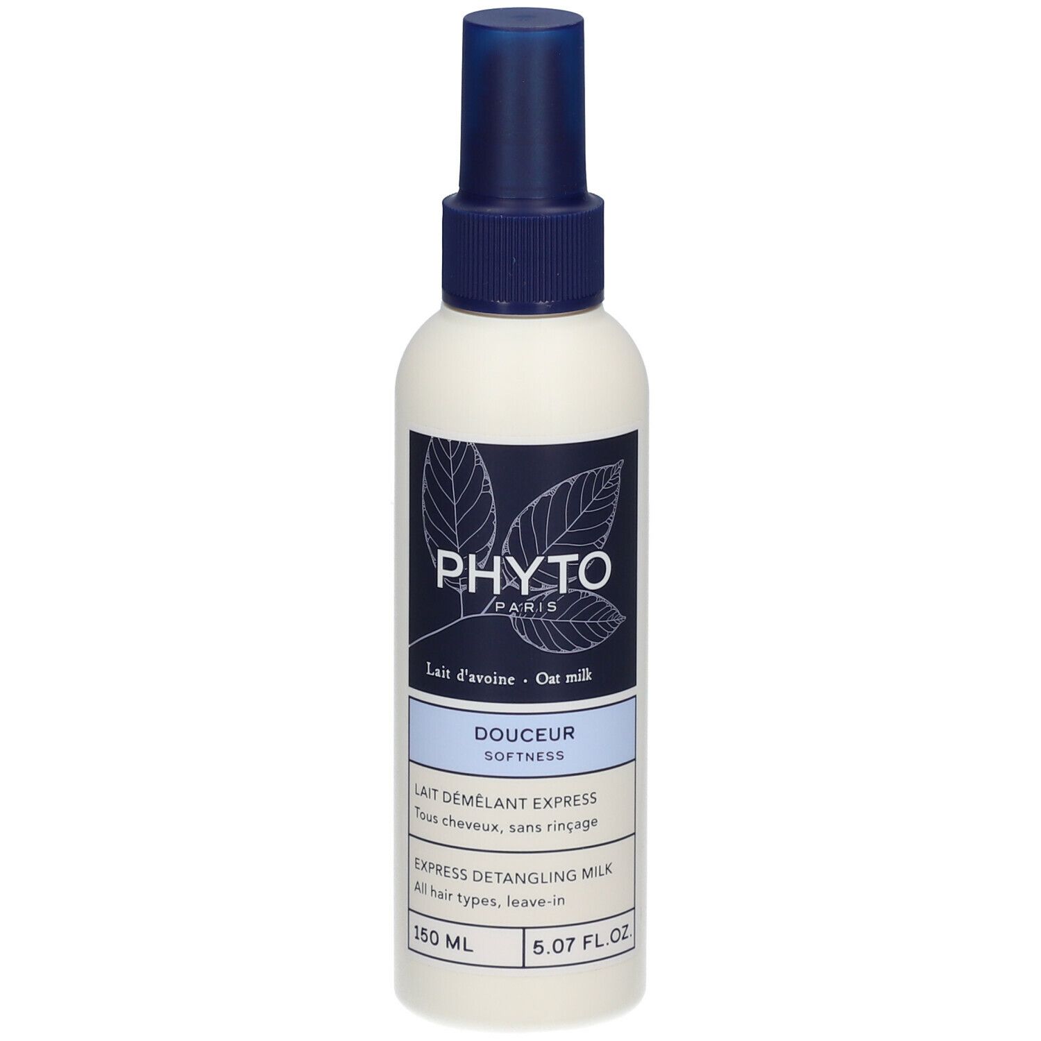 Spray blanc avec tête bleue. Inscription PHYTO PARIS, dessous DOUCEUR SOFTNESS. Texte: LAIT DÉMÊLANT EXPRESS, 150 ml, 5.07 FL.OZ.