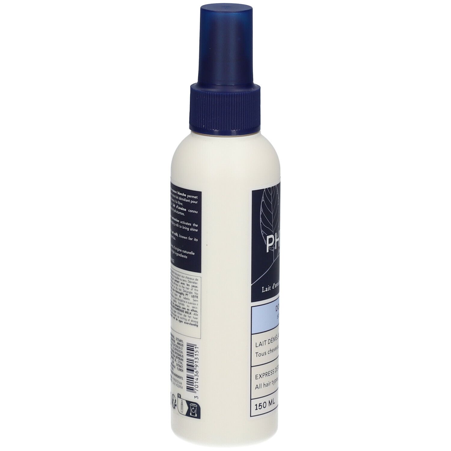 Spray blanc avec tête bleue. Texte et informations sur le côté. Étiquette avec informations sur le produit. Bouteille avec étiquette.
