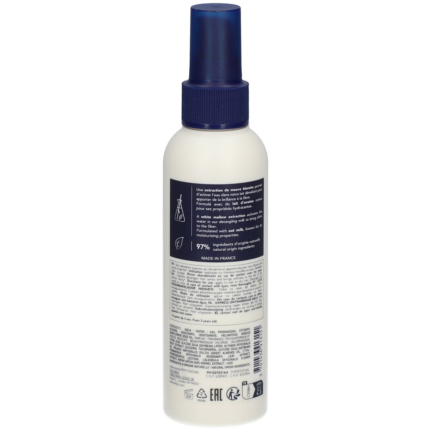 Spray blanc avec tête bleue. Dos avec texte et informations. Étiquette avec informations sur le produit. Fabriqué en France.