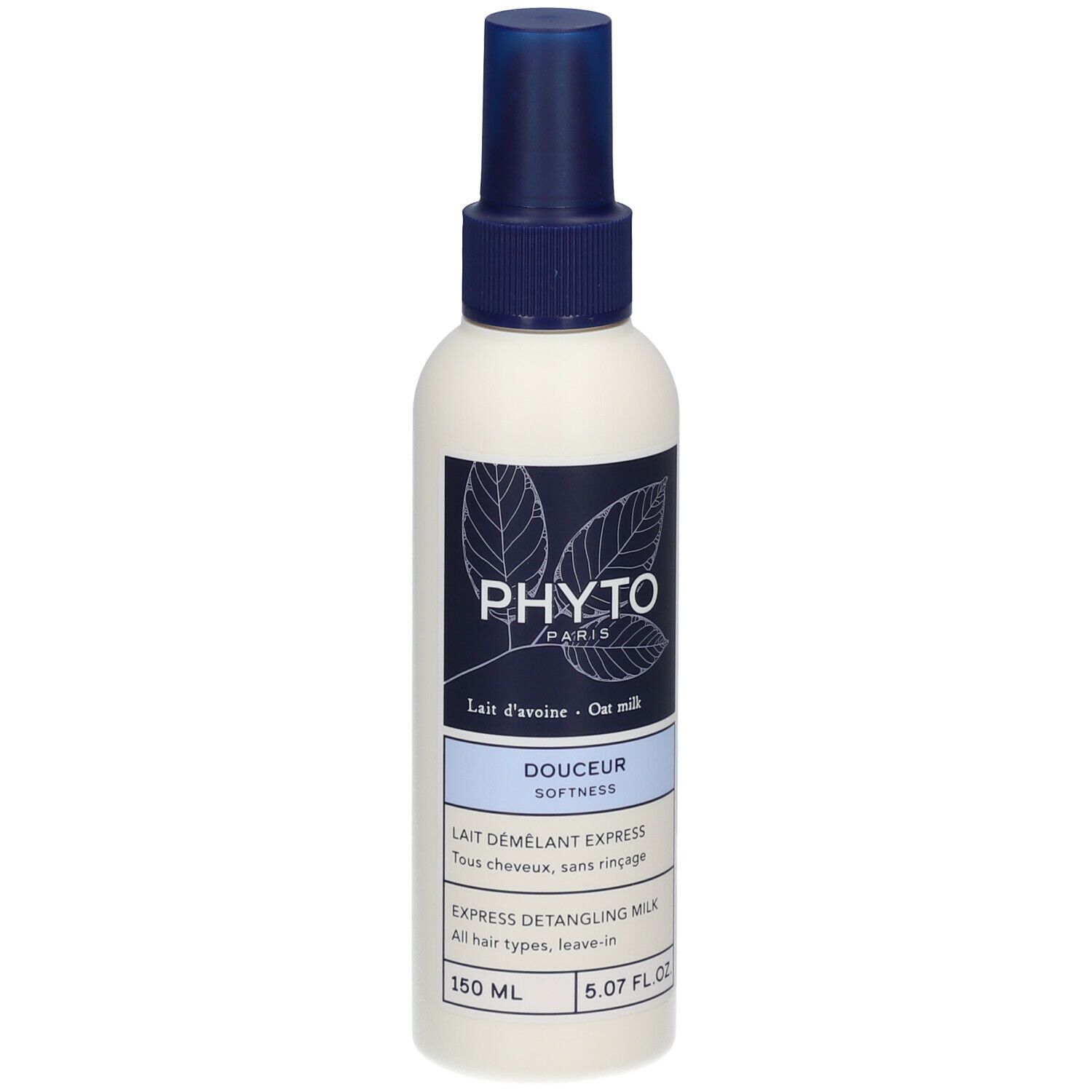 Spray blanc avec tête bleue. Inscription PHYTO PARIS, dessous DOUCEUR SOFTNESS. Texte: LAIT DÉMÊLANT EXPRESS, 150 ml, 5.07 FL.OZ.