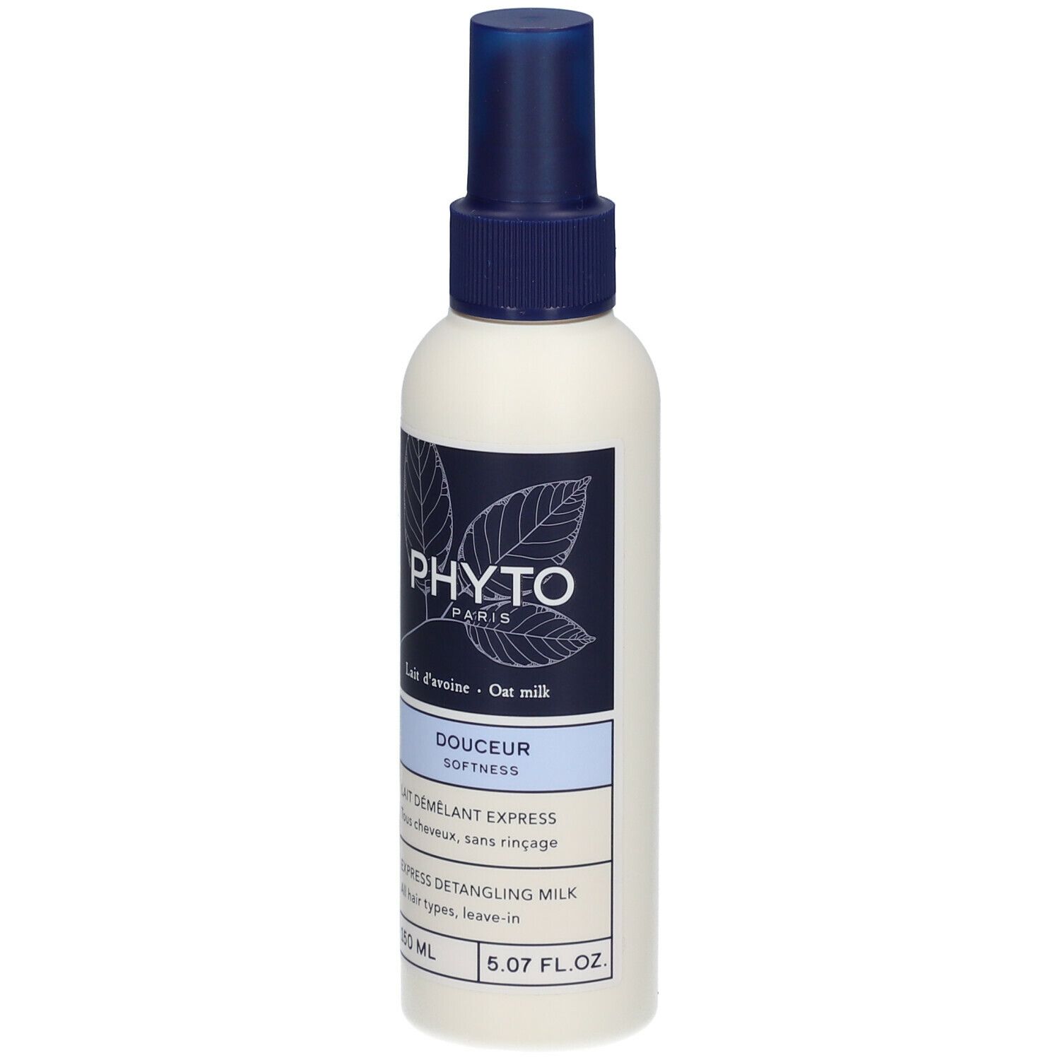 Spray blanc avec tête bleue. Inscription PHYTO PARIS, dessous DOUCEUR SOFTNESS. Texte: LAIT DÉMÊLANT EXPRESS, 150 ml, 5.07 FL.OZ.