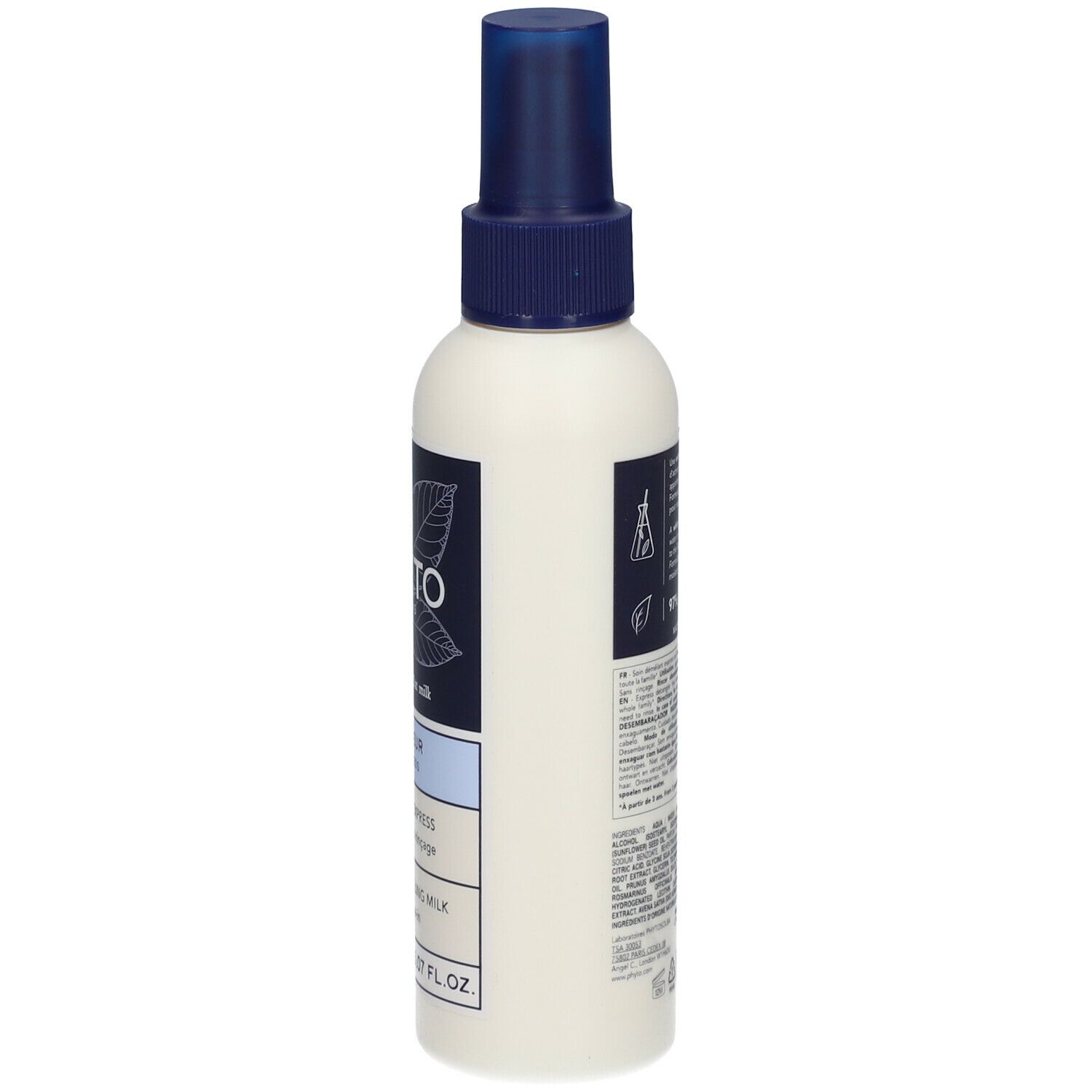 Spray blanc avec tête bleue. Texte et informations sur le côté. Étiquette avec informations sur le produit. Bouteille avec étiquette.