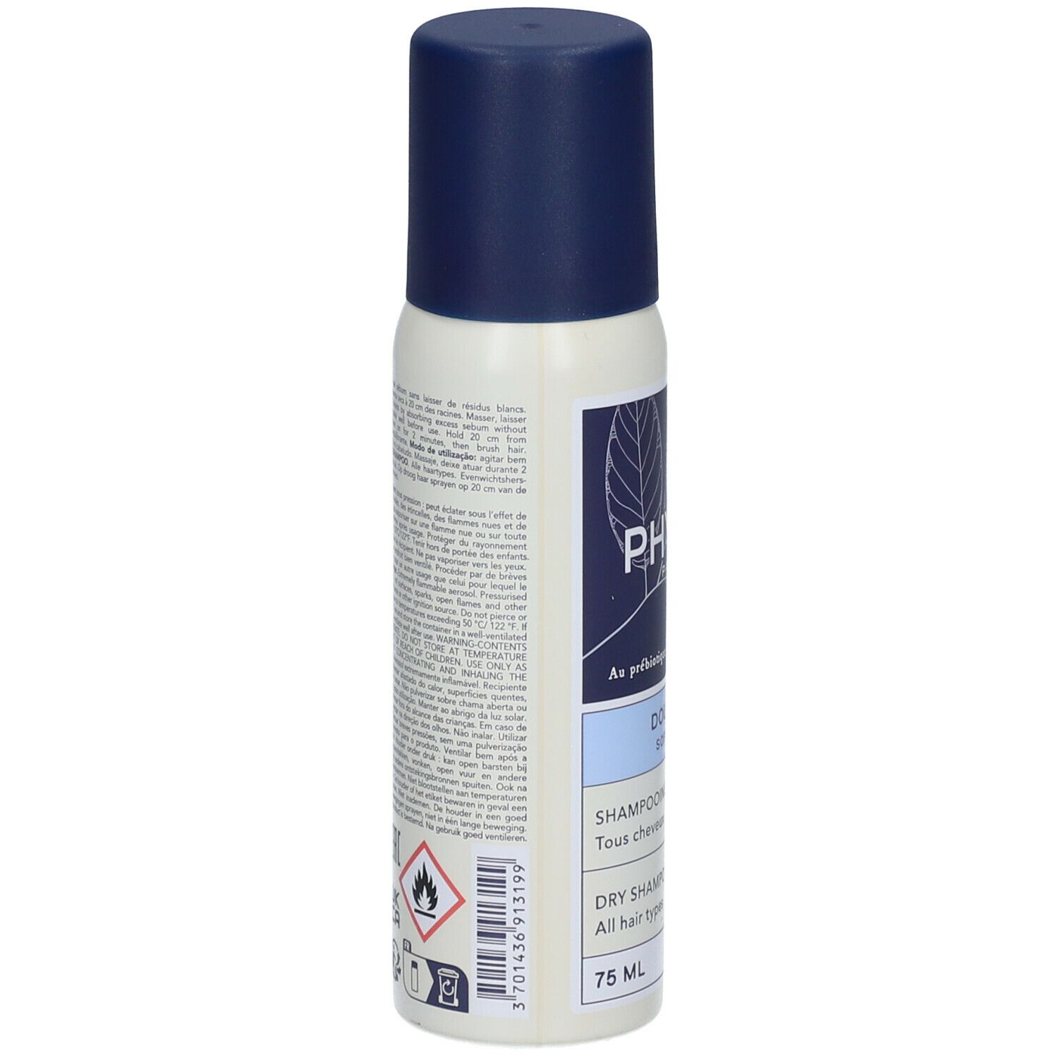 Dos du flacon de shampooing sec. Texte multilingue. Avertissement: facilement inflammable. 75 ml.