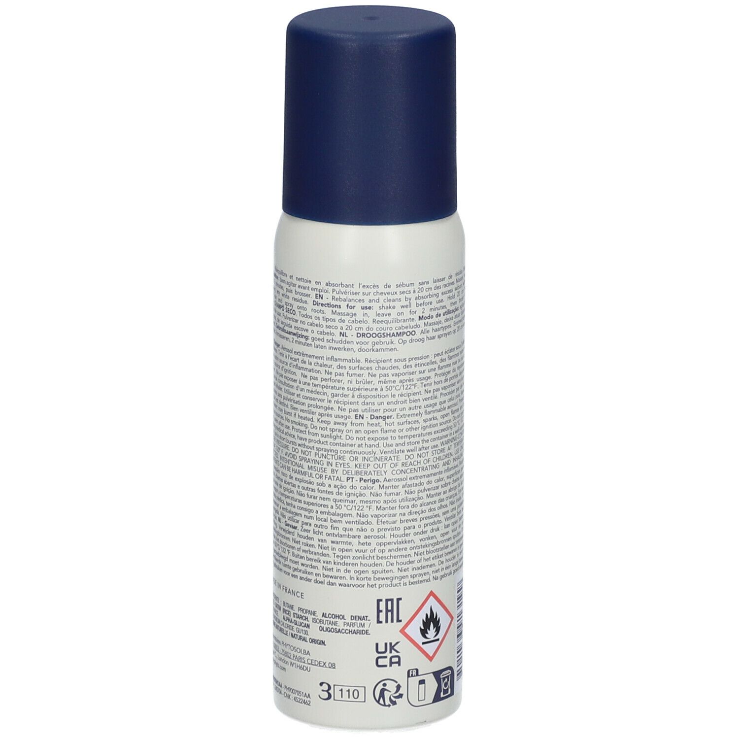 Dos du flacon de shampooing sec. Texte multilingue. Avertissement: facilement inflammable. 75 ml.