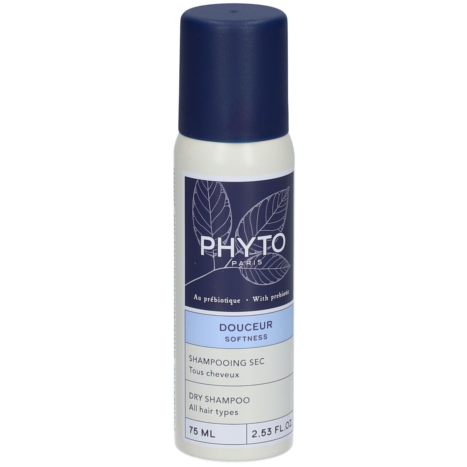 Flacon de shampooing sec avec bouchon bleu. Inscriptions: PHYTO Paris, Douceur Softness, Shampooing Sec, 75 ml, 2.53 FL.OZ.