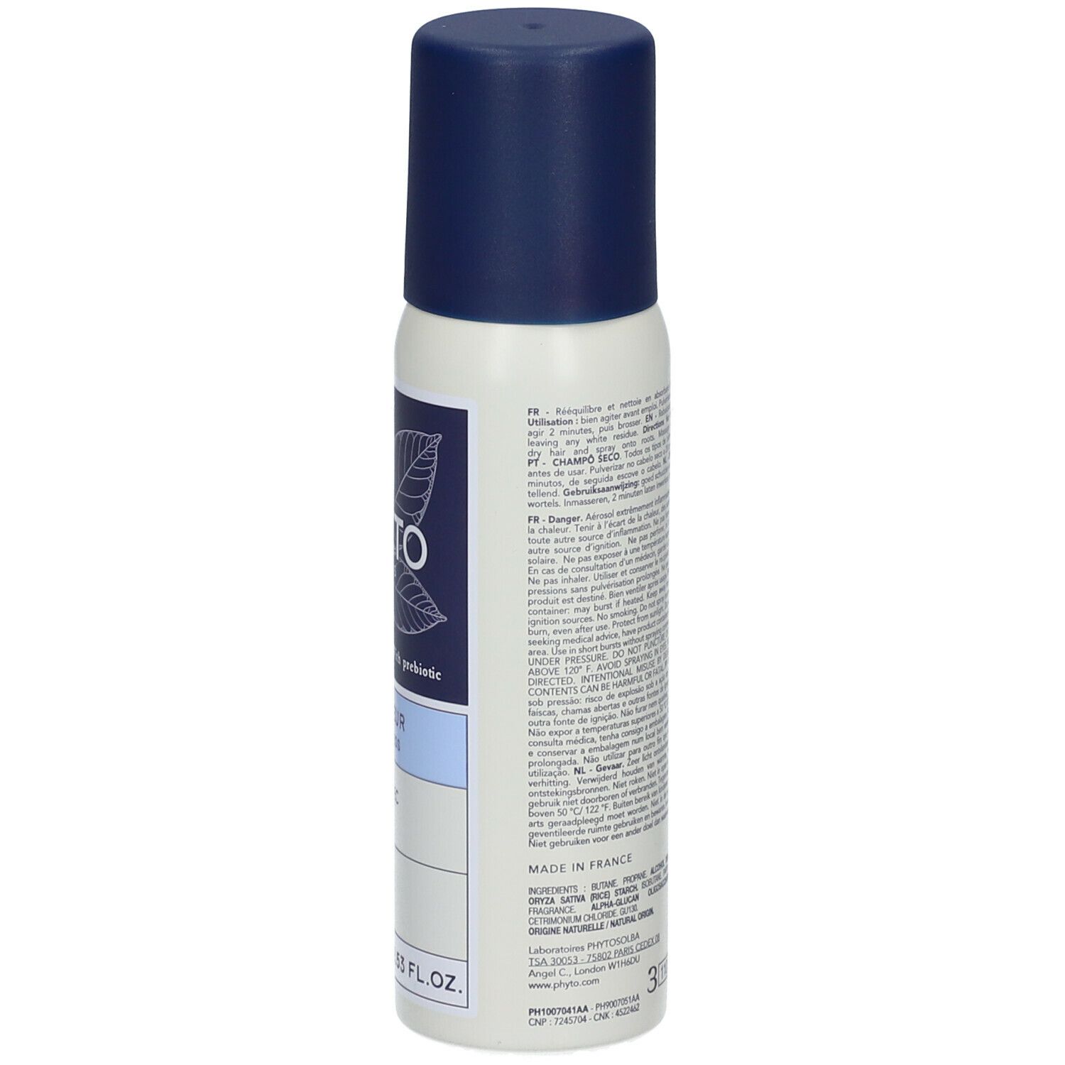 Dos du flacon de shampooing sec. Texte multilingue. Avertissement: facilement inflammable. 75 ml.