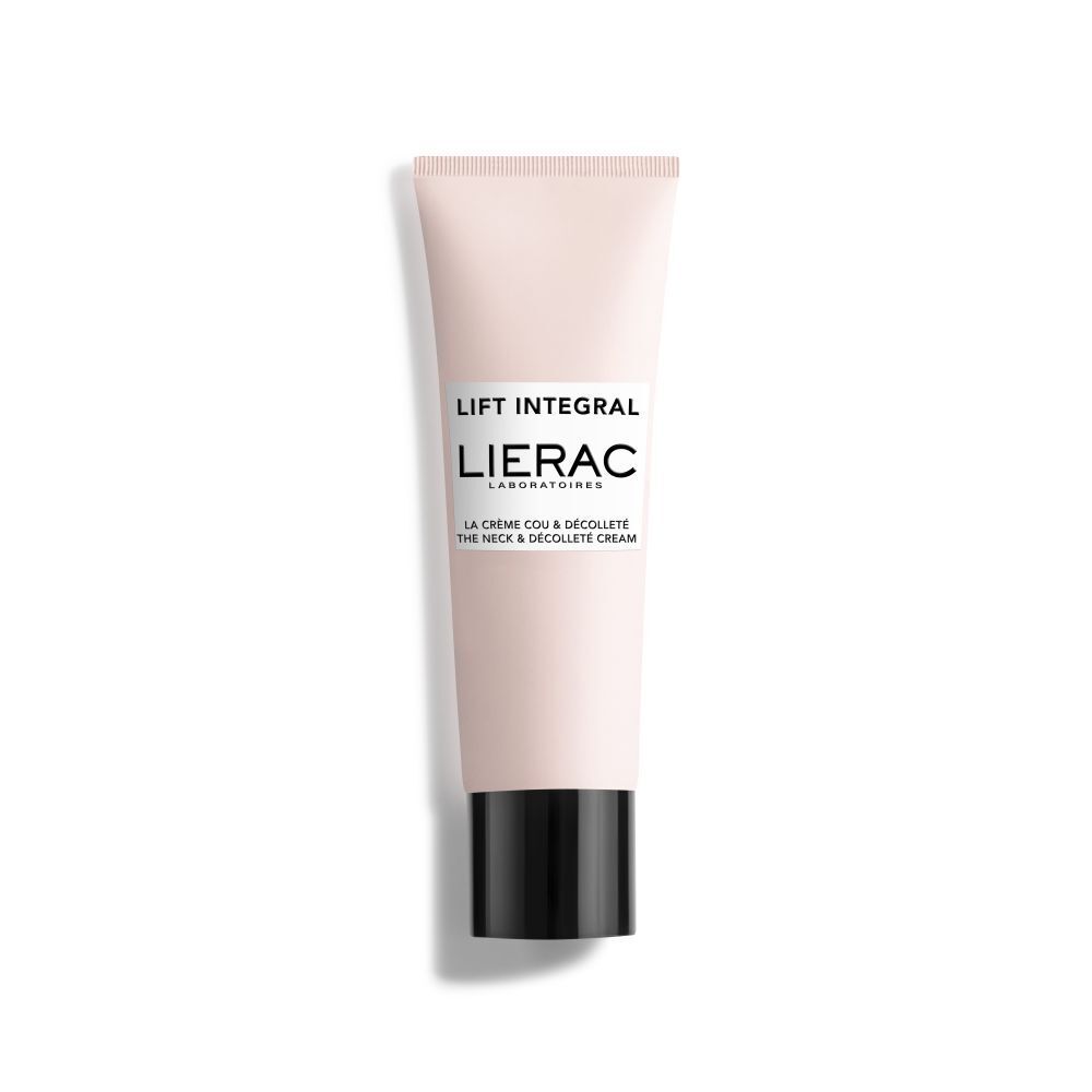 Tube rose, bouchon noir. Inscription: Lierac, Lift Integral, La Crème Cou & Décolleté.