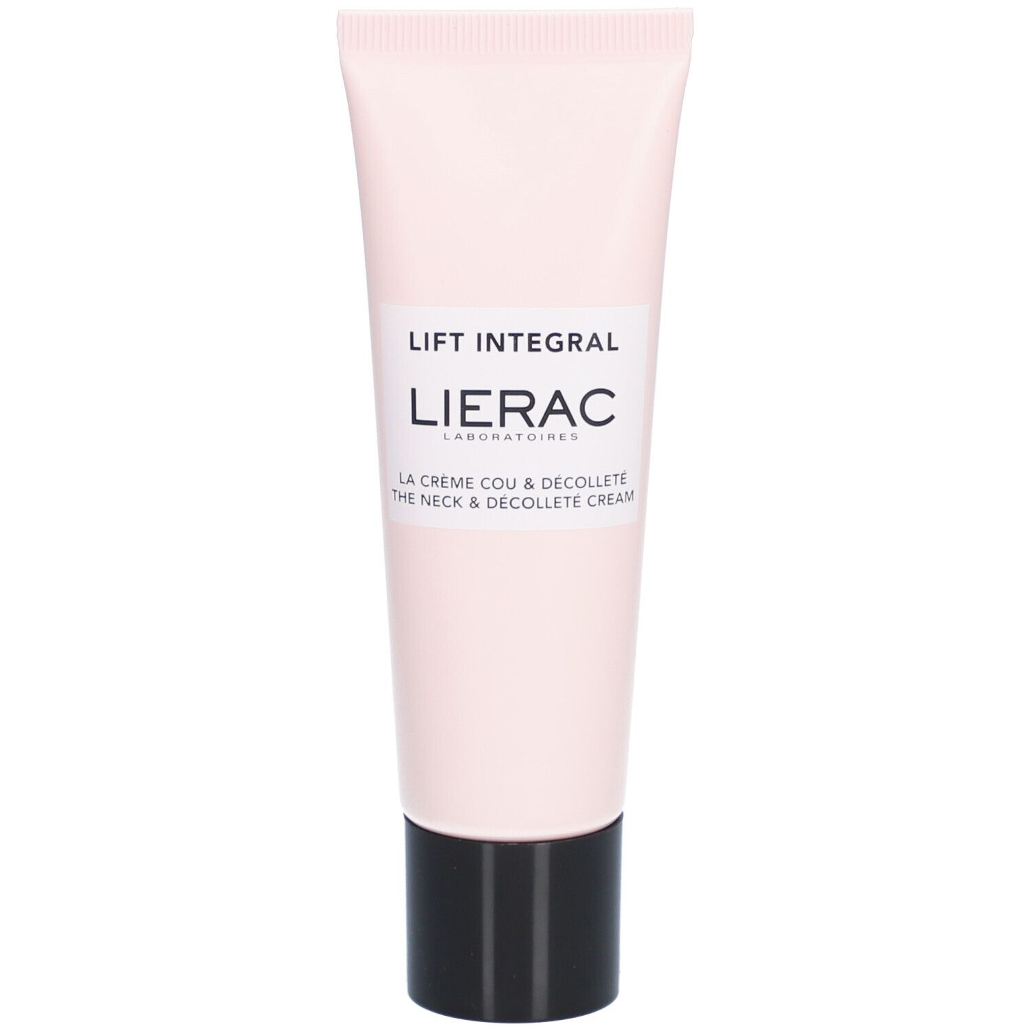 Tube rose, bouchon noir. Inscription: Lierac, Lift Integral, La Crème Cou & Décolleté.