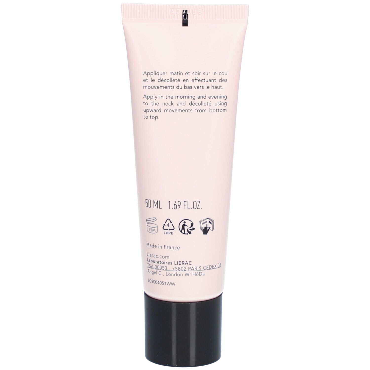Dos du tube de crème. Texte: application, 50 ml, logos, origine. Inscription: Lierac.