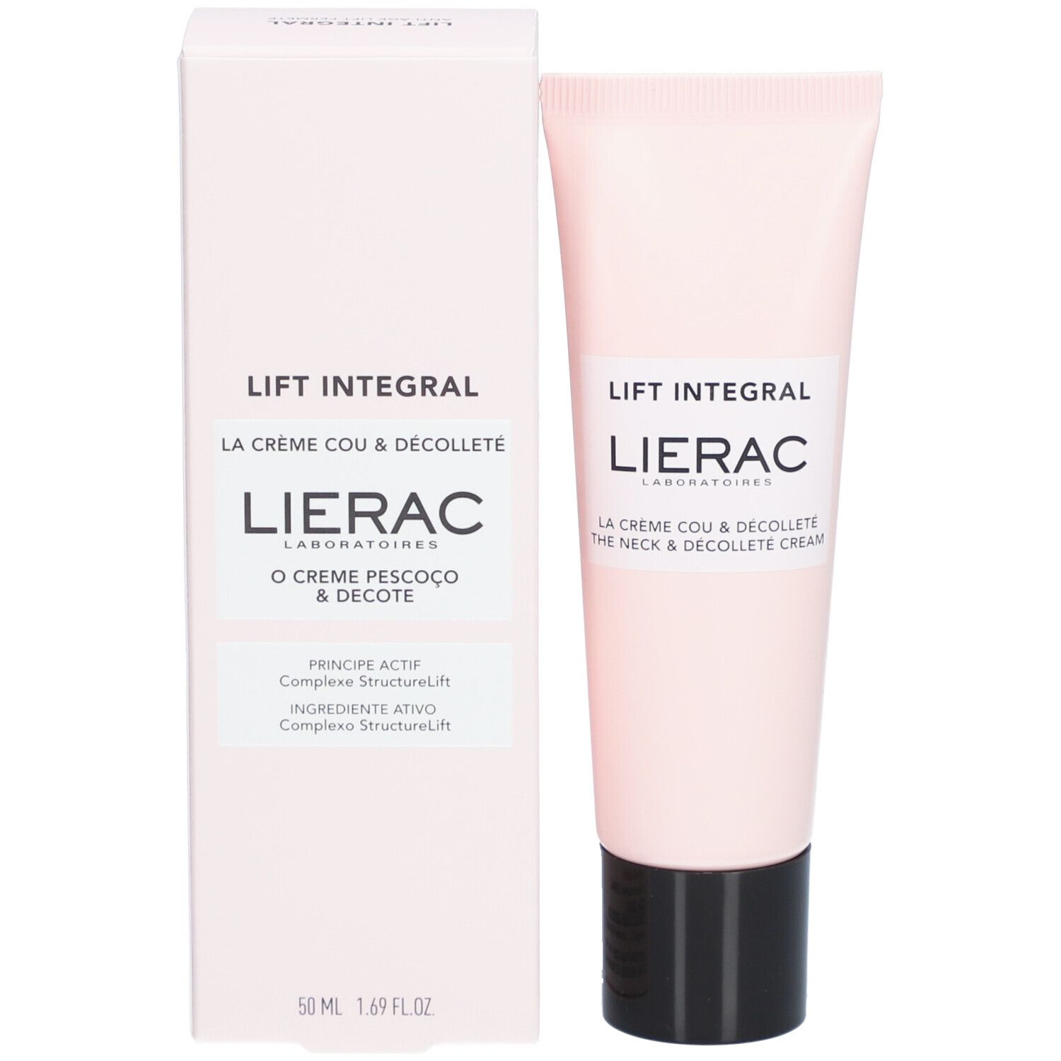 Emballage produit avec tube. Inscription: Lierac, Lift Integral, La Crème Cou & Décolleté, 50 ml.