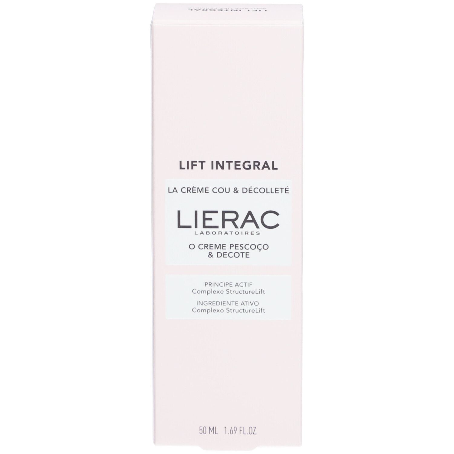 Emballage produit, rose. Inscription: Lierac, Lift Integral, La Crème Cou & Décolleté, 50 ml.