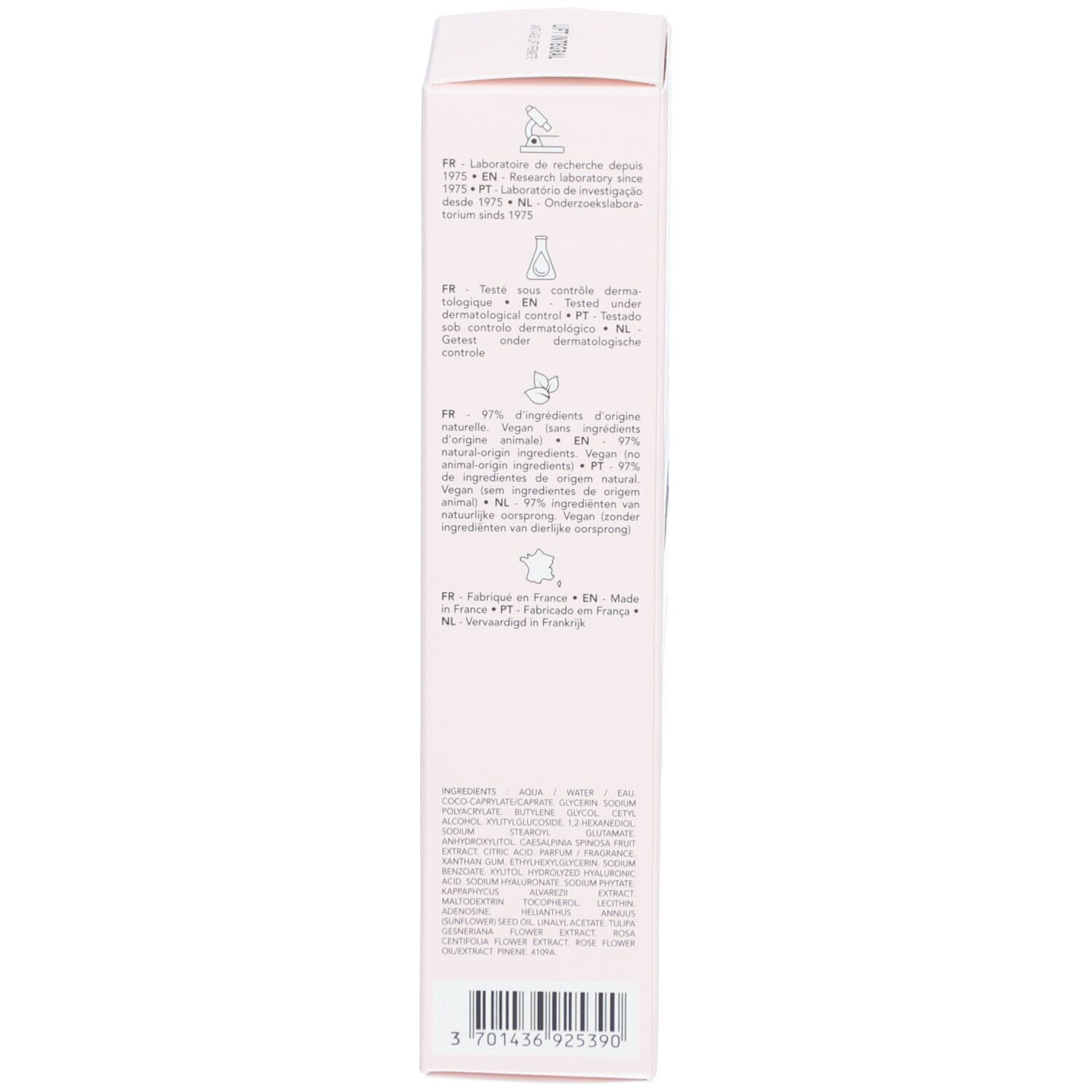 Emballage produit, dos. Texte: ingrédients, origine, logos. Inscription: Lierac.