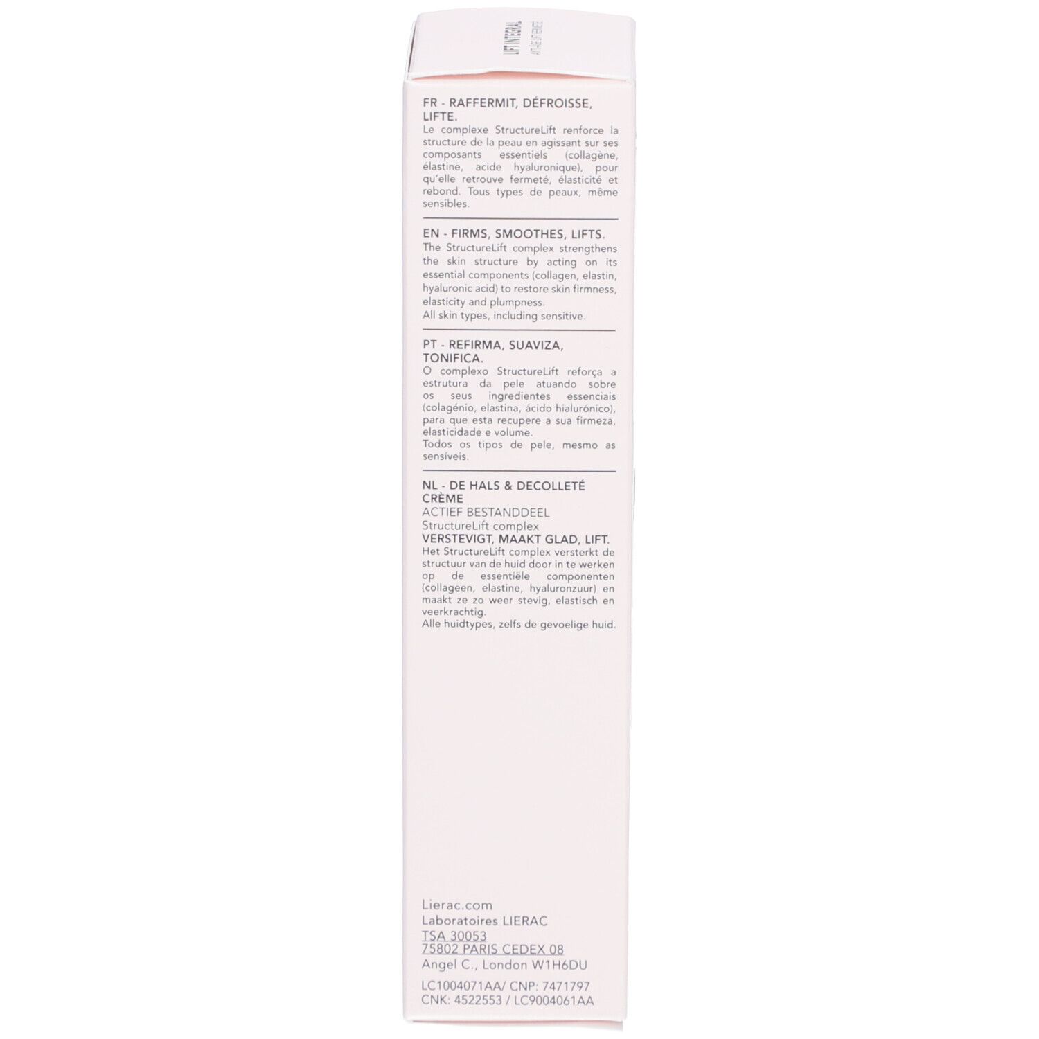 Emballage produit, côté. Texte: description produit, ingrédients. Inscription: Lierac.