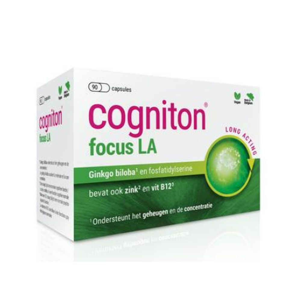 Boîte blanche avec logo "Cogniton focus LA". Contient 90 capsules. Graphique vert et blanc avec texte sur les ingrédients et les effets.