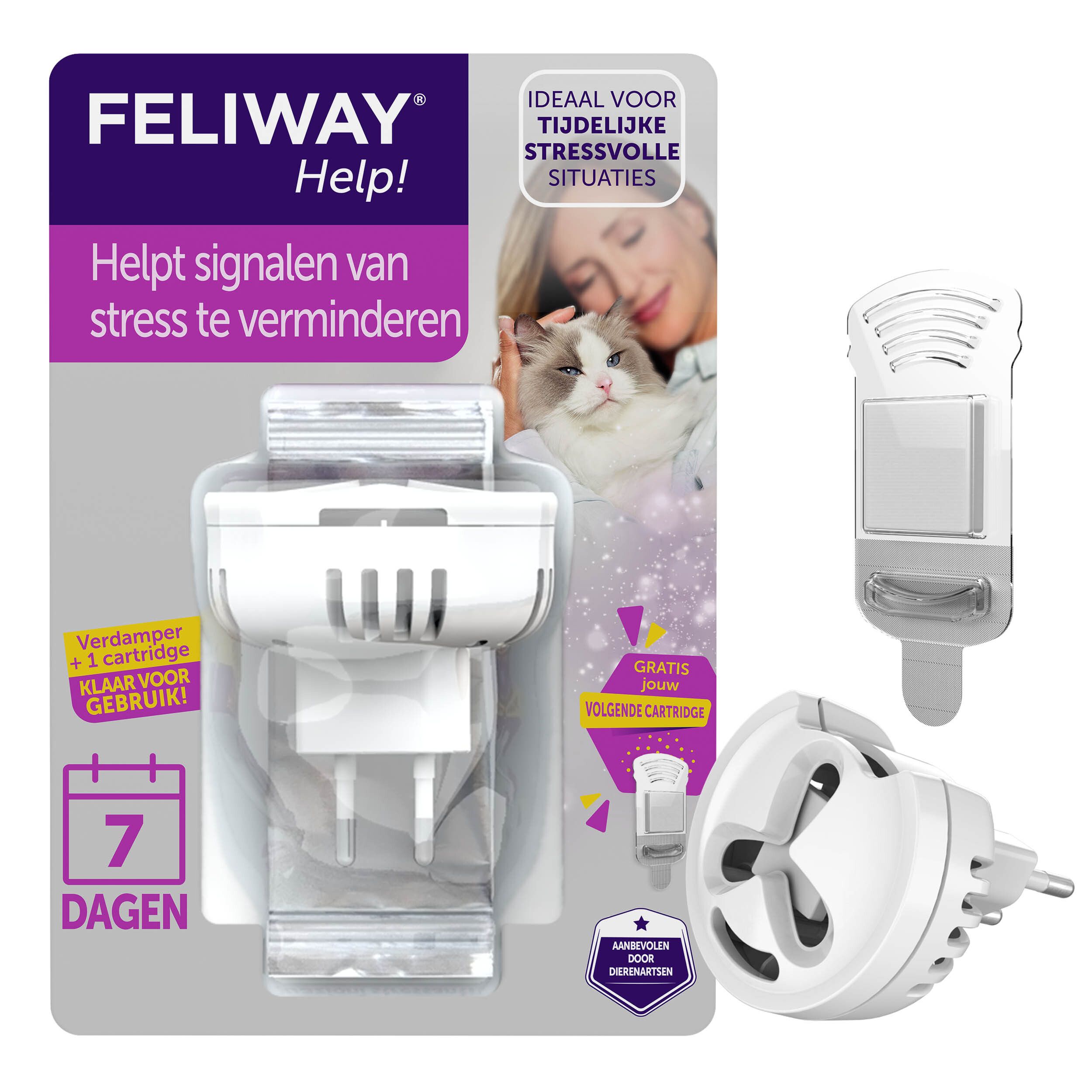 Feliway Help! Starter Kit. Diffuser, cartridge. 7 dagen. Verpakking.