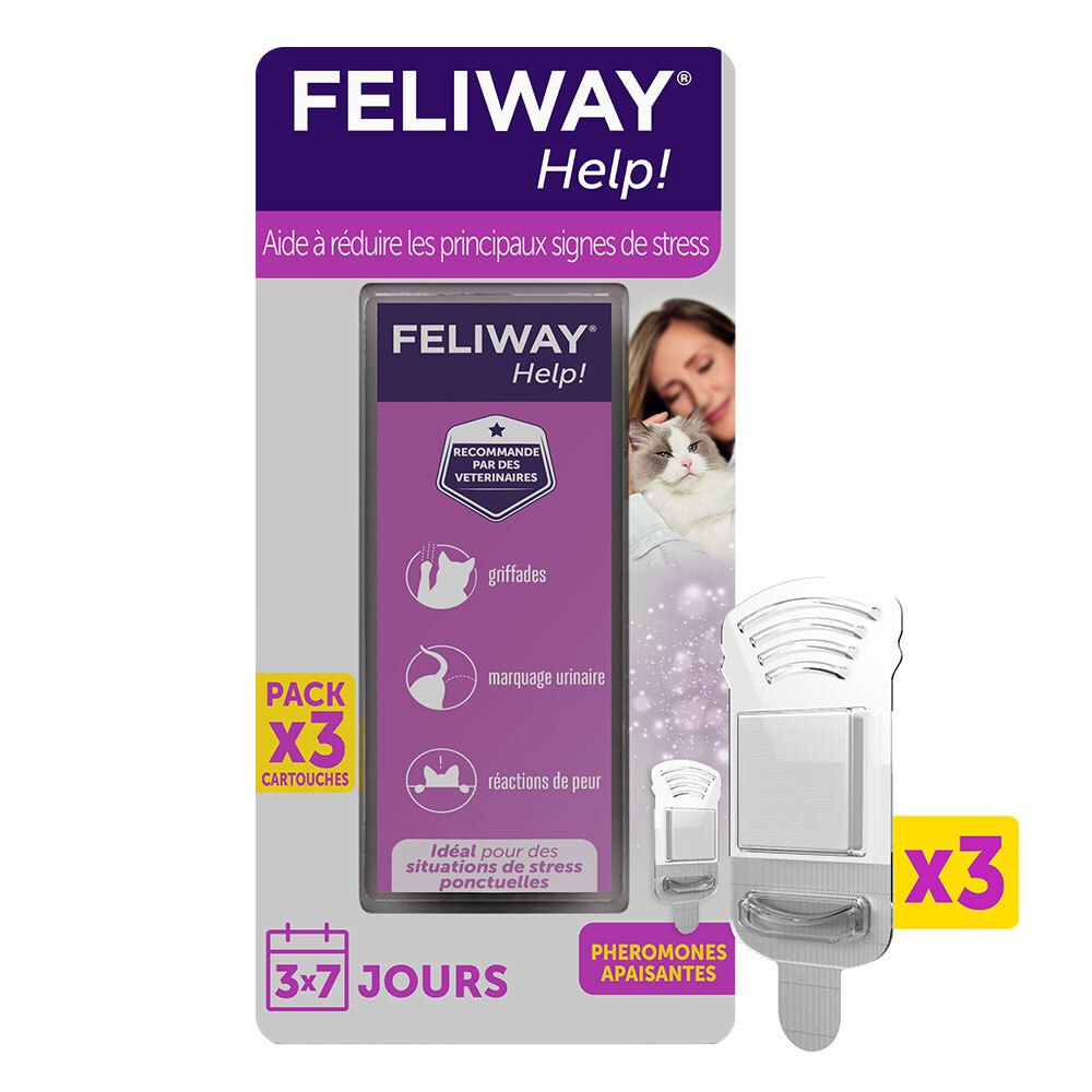 Pack de 3 cartouches FELIWAY® Help! Aide à réduire le stress. Produit et diffuseur.