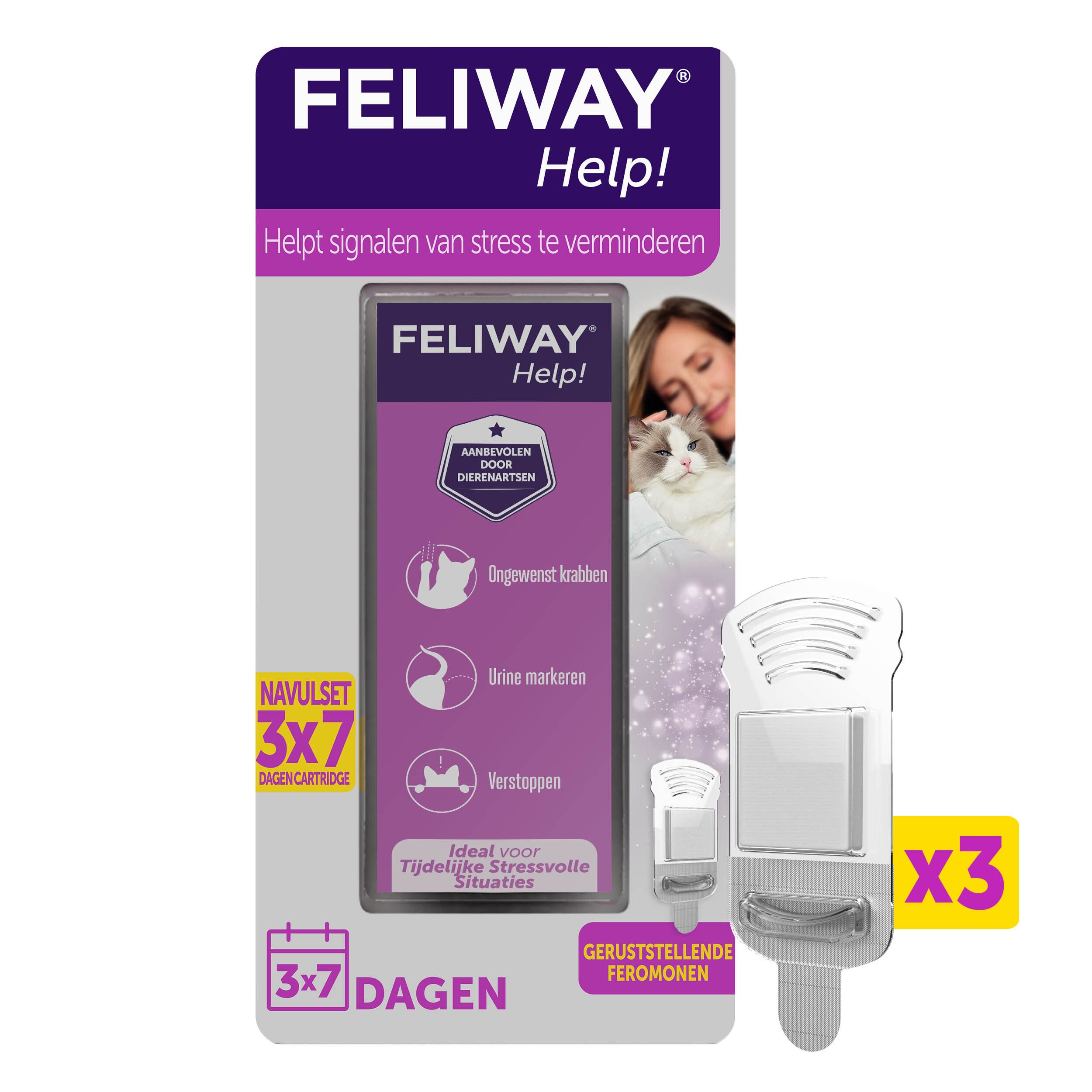 FELIWAY® Help! Navulset. 3 patronen. Helpt stresssignalen te verminderen. Verpakking met product en kat.