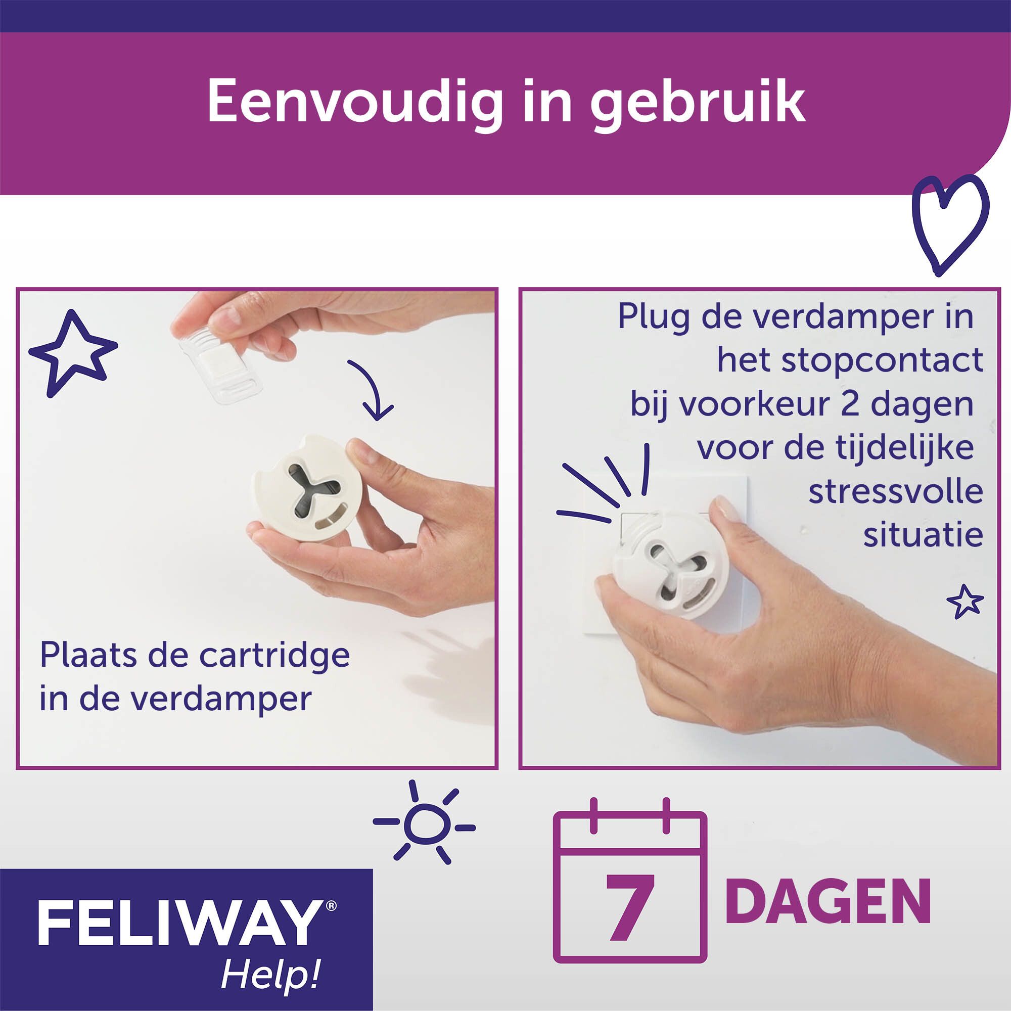 FELIWAY® Help! Verspreidt rustgevende boodschappen voor katten. Kat en stekker in de muur.