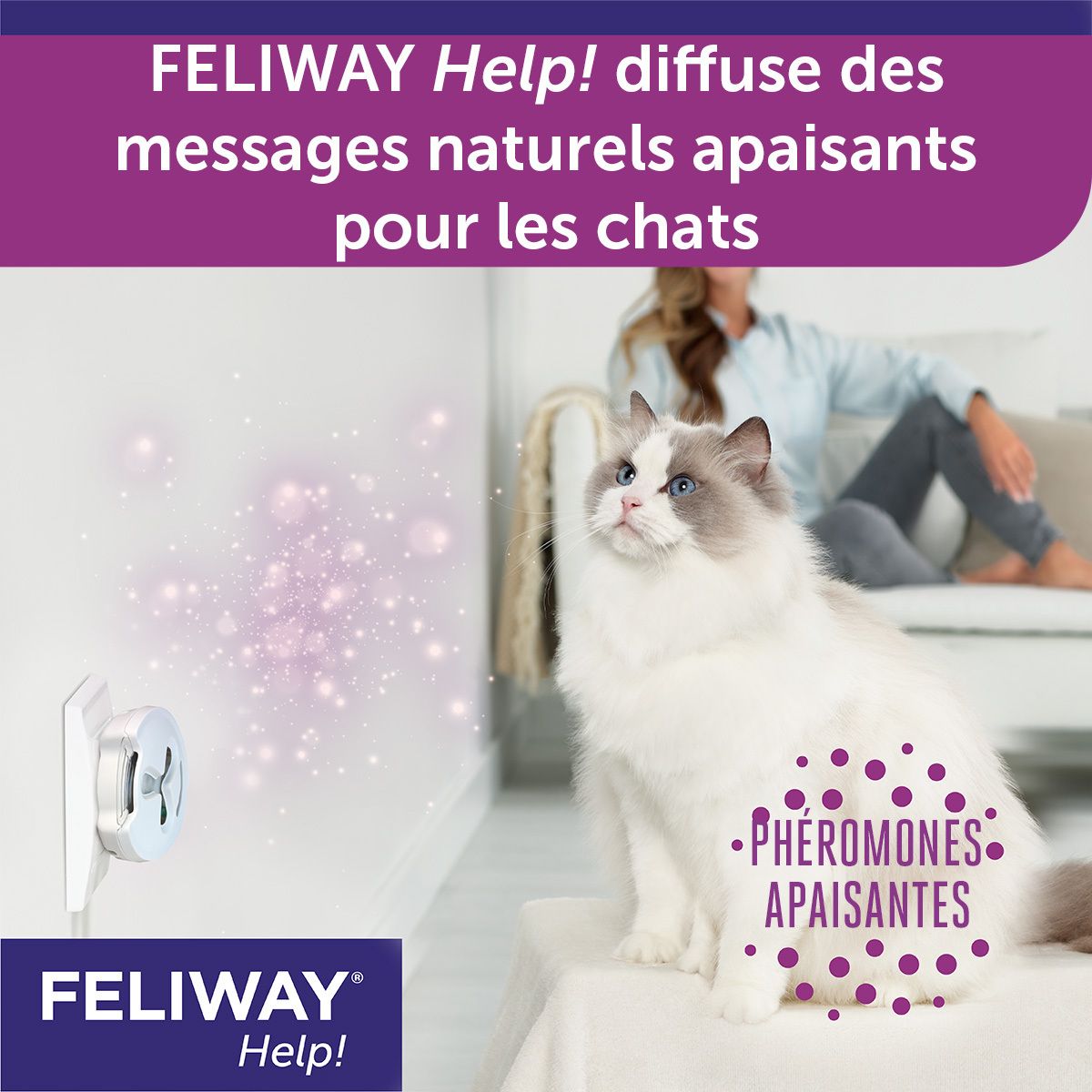 FELIWAY® Help! Diffuse des messages apaisants pour chats. Chat et diffuseur mural.