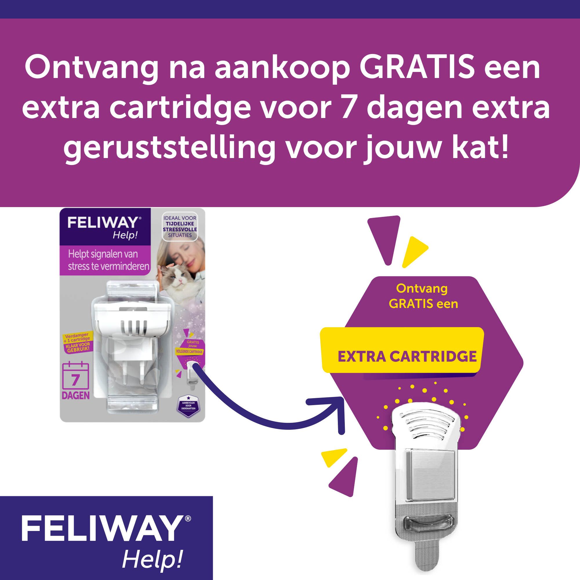FELIWAY® Help! Eenvoudig in gebruik. Stappen: patroon plaatsen, inpluggen. 7 dagen.