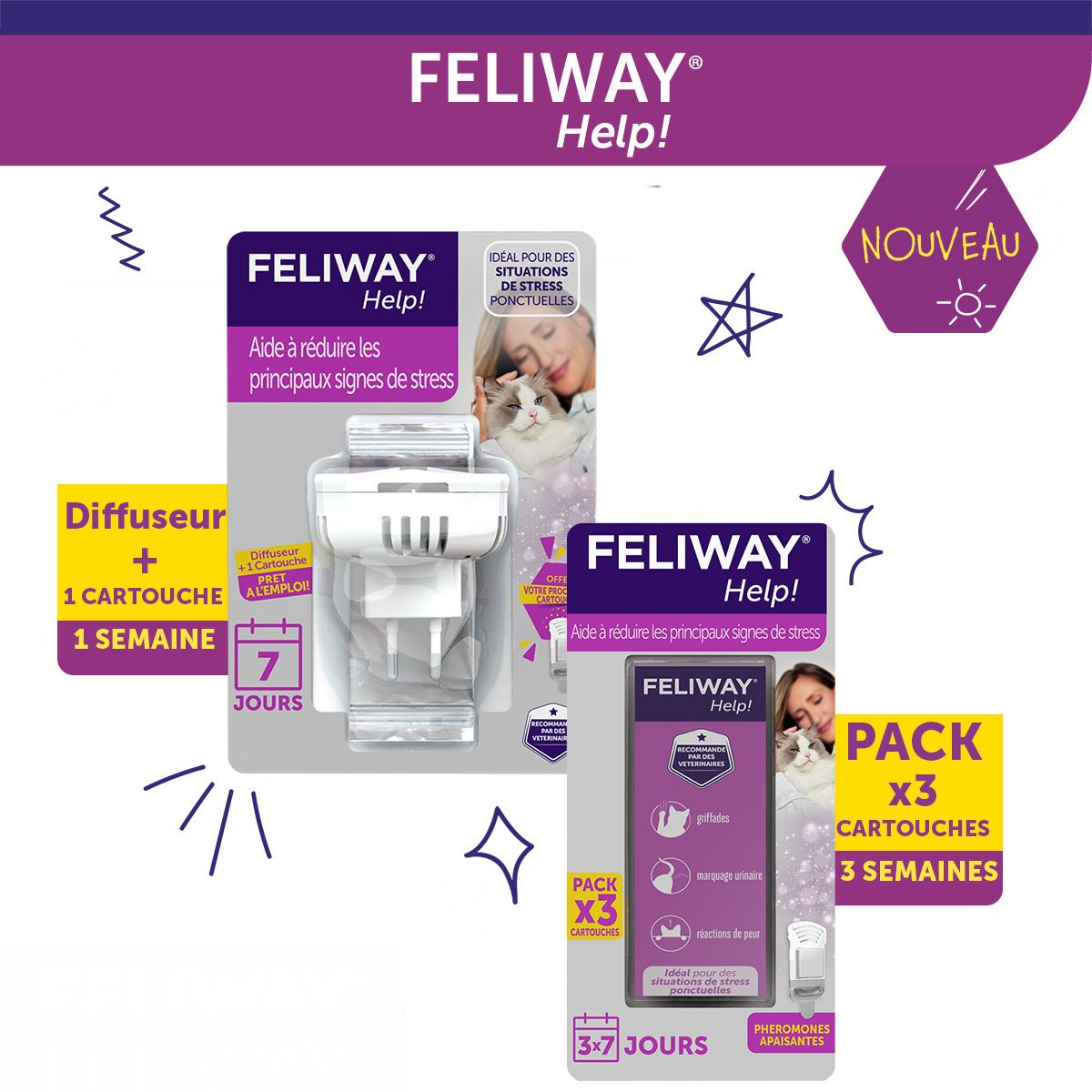 FELIWAY® Help! Produit et diffuseur. Nouveau : diffuseur + cartouche. Pack avantage : 3 cartouches.