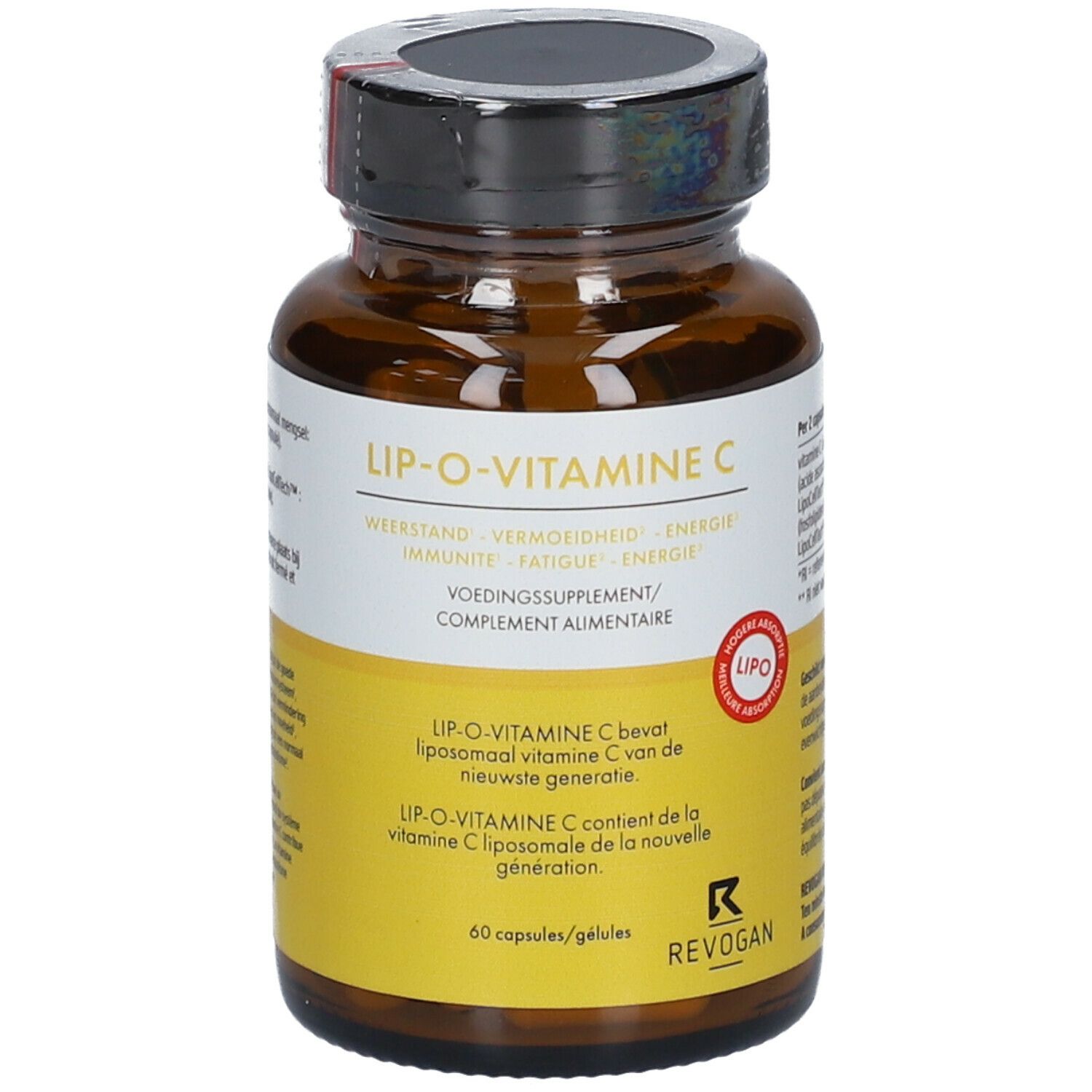 Flacon en verre brun avec capsules. Inscription : LIP-O-VITAMINE C, Revogan. Étiquette jaune avec texte. Bouchon noir.