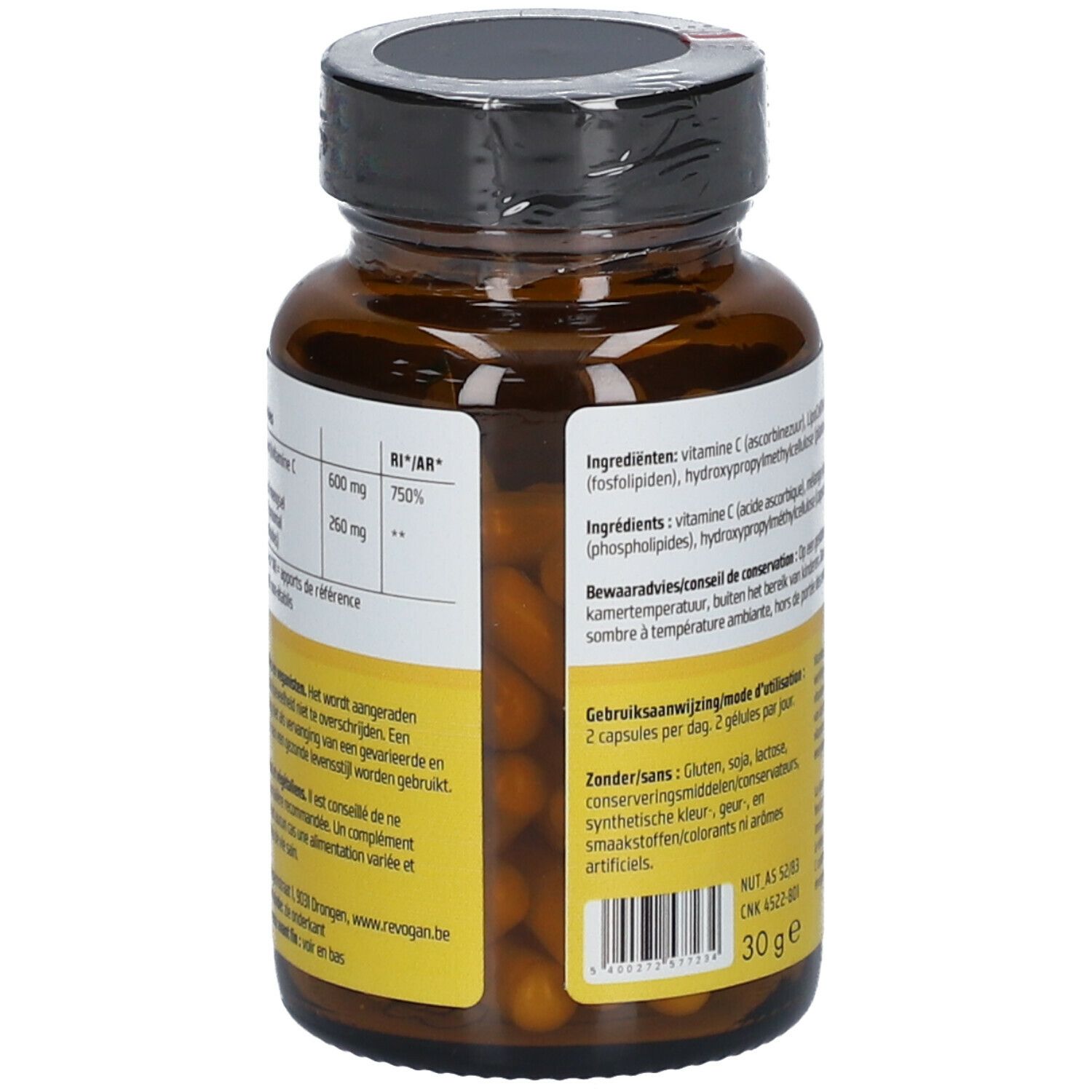 Dos du flacon avec étiquette jaune. Ingrédients et dosage. Flacon en verre brun avec capsules et bouchon noir.