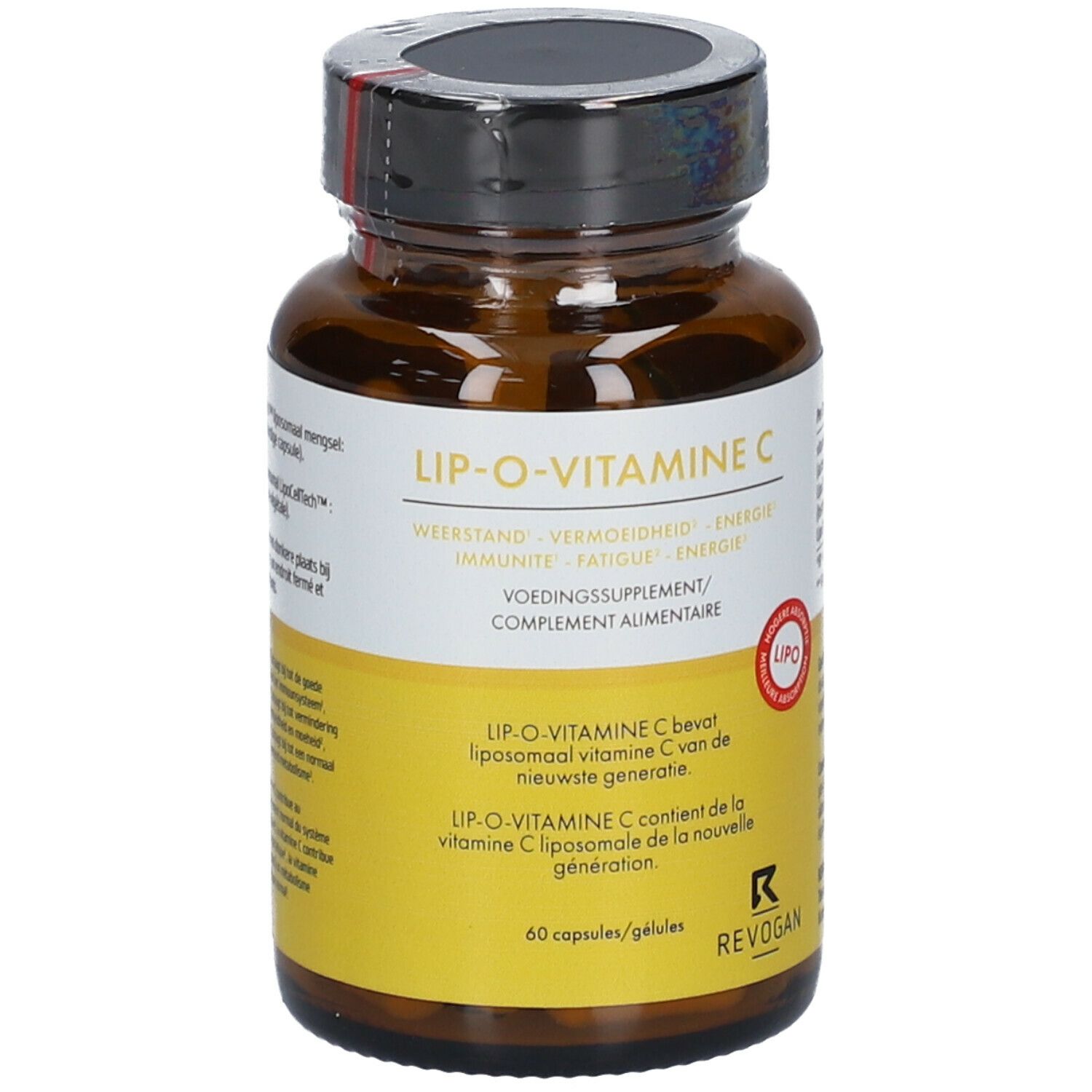 Flacon en verre brun avec capsules. Inscription : LIP-O-VITAMINE C, Revogan. Étiquette jaune avec texte. Bouchon noir.