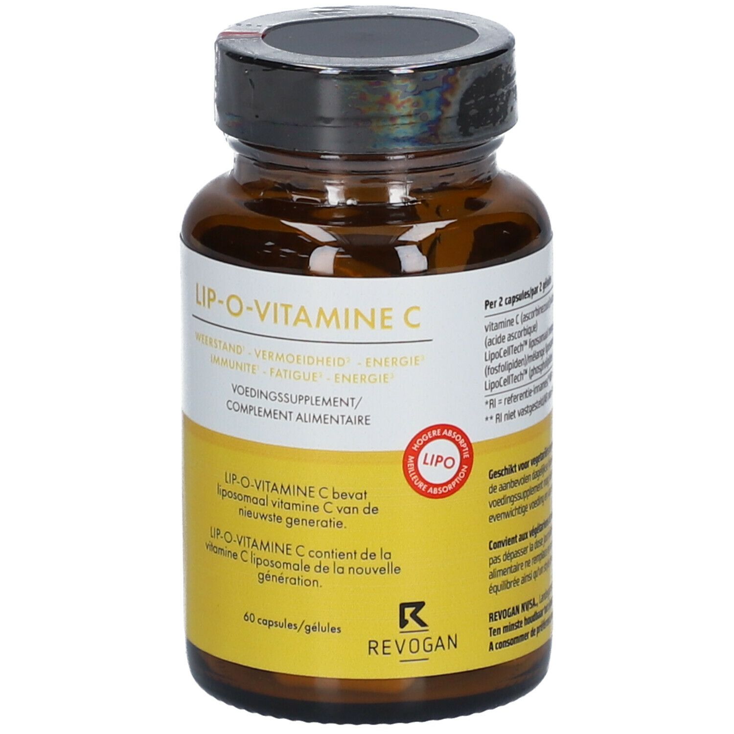 Flacon en verre brun avec capsules. Inscription : LIP-O-VITAMINE C, Revogan. Étiquette jaune avec texte. Bouchon noir.