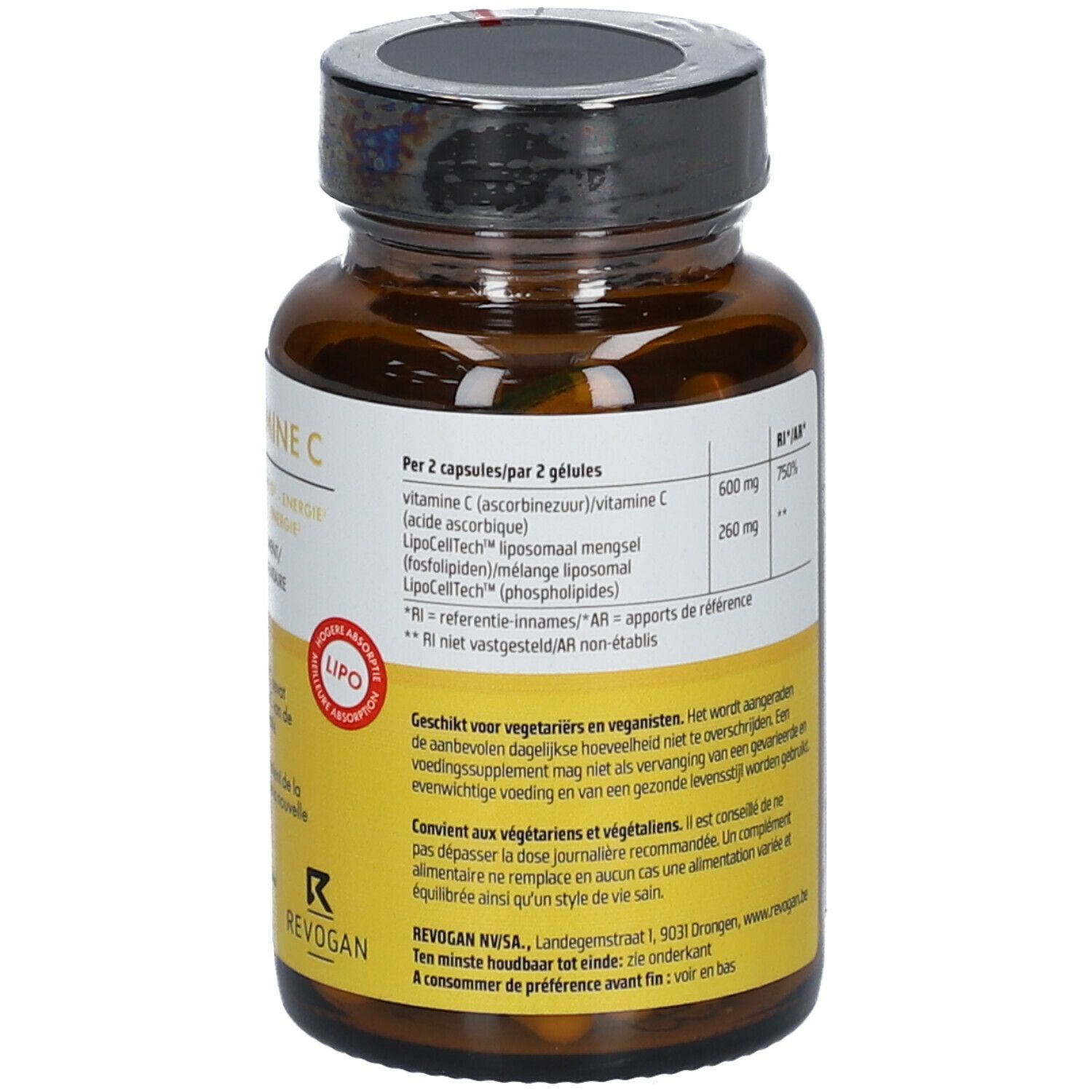 Dos du flacon avec étiquette jaune. Ingrédients et dosage. Flacon en verre brun avec capsules et bouchon noir.
