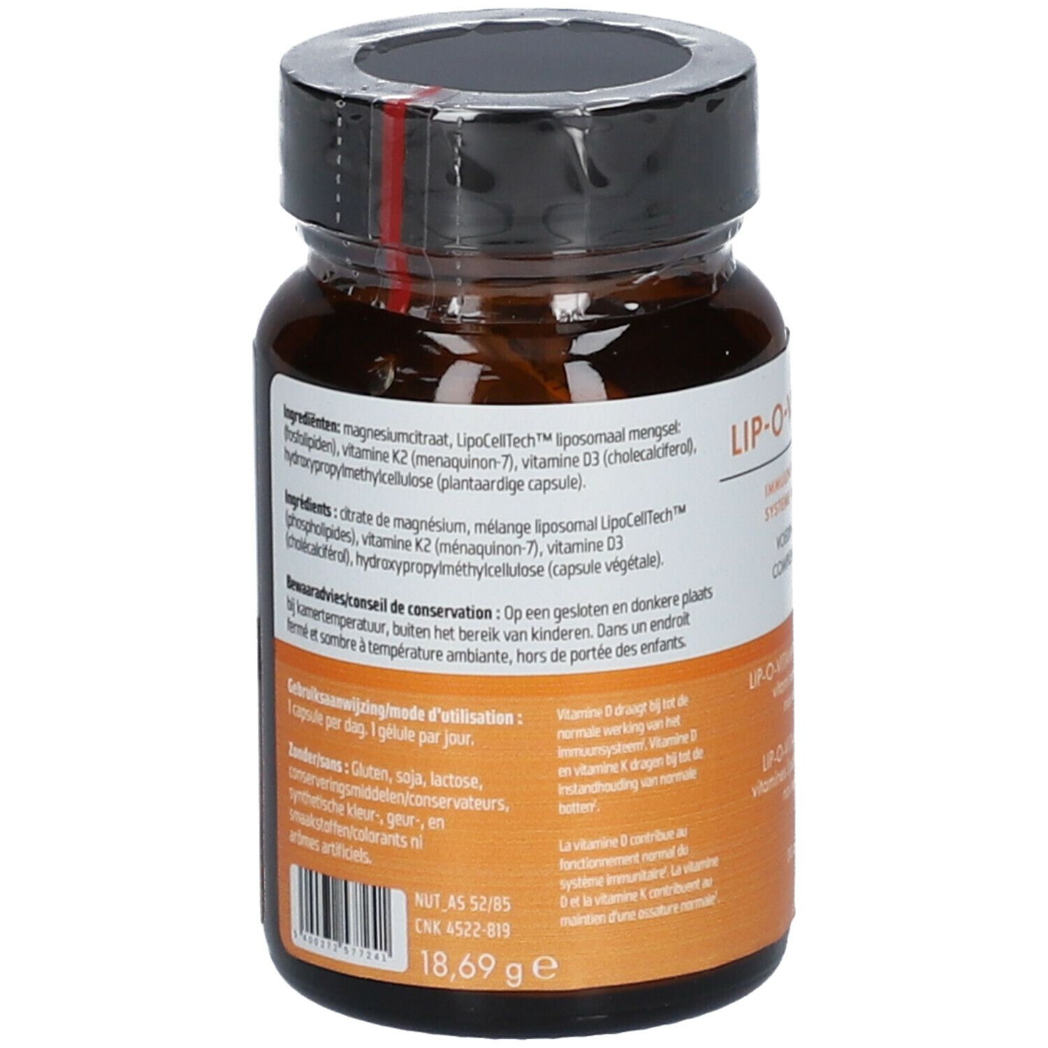 Achterkant van de bruine glazen fles. Ingrediëntenlijst en gebruiksaanwijzing. Gewicht: 18,69 g. Merk: Revogan.