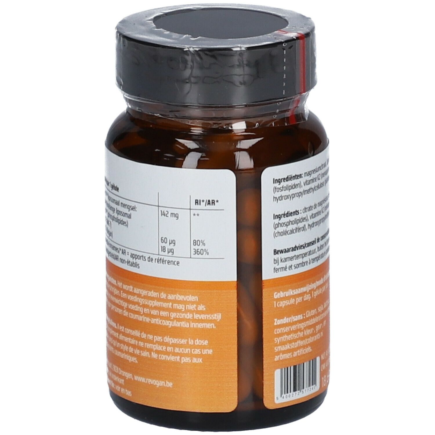 Achterkant van de bruine glazen fles. Voedingswaarde-informatie en ingrediënten. Merk: Revogan.