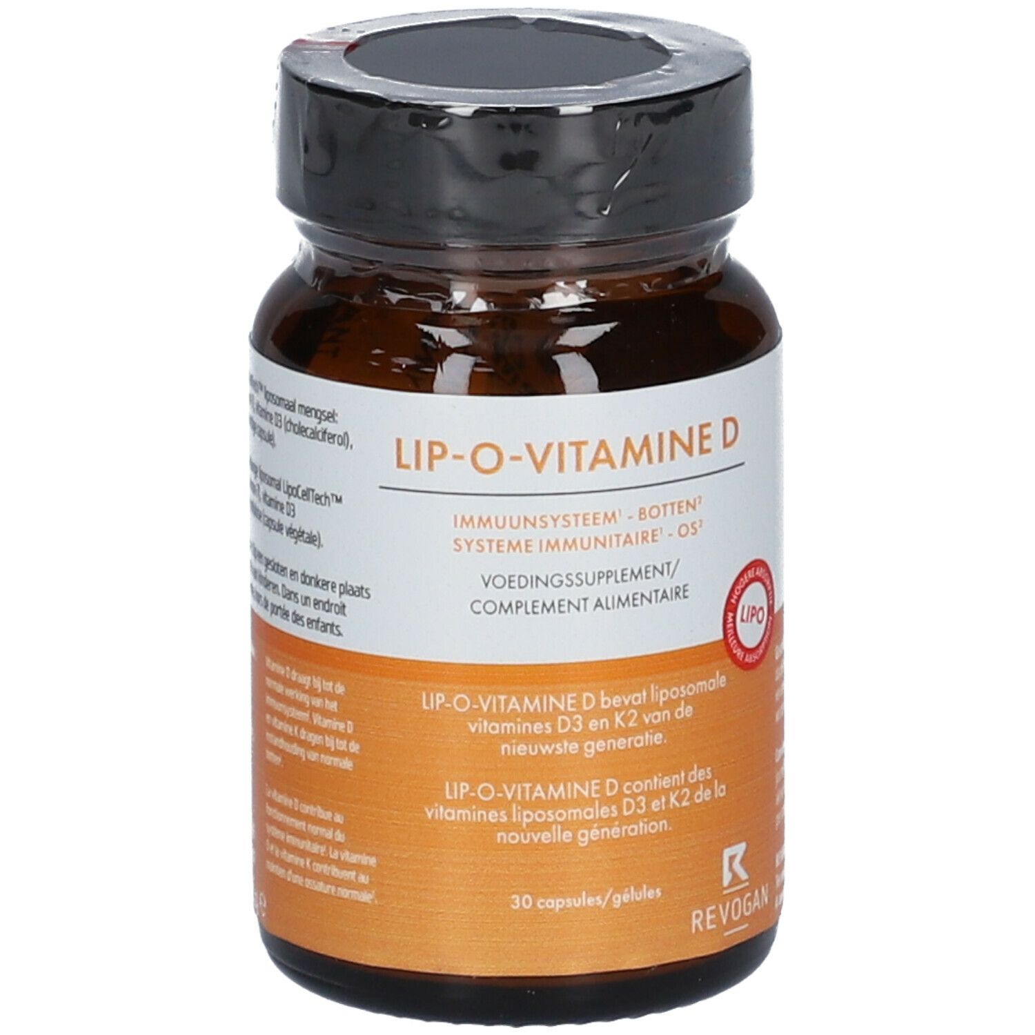 Bruine glazen fles met zwarte dop. Opschrift: LIP-O-VITAMINE D. 30 capsules. Merk: Revogan.
