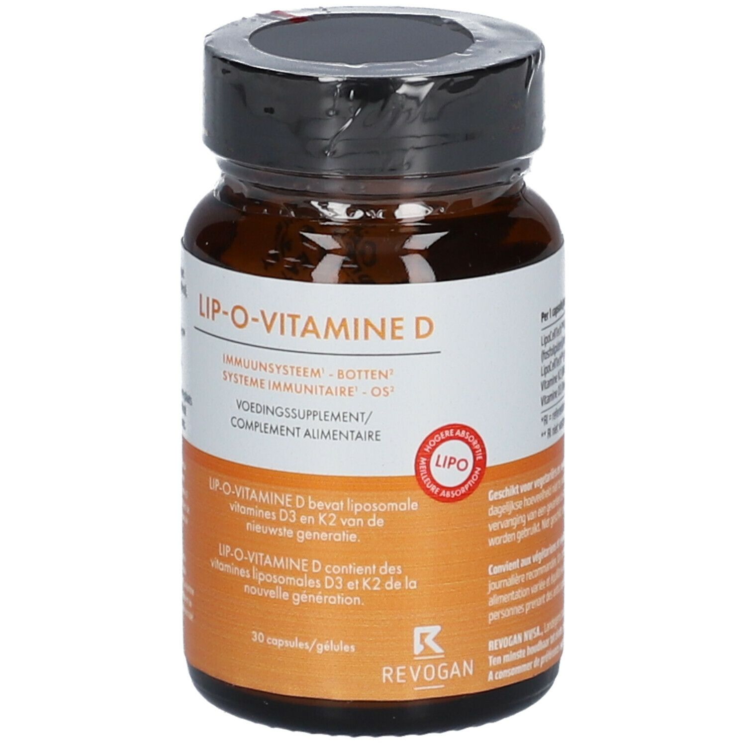Bruine glazen fles met zwarte dop. Opschrift: LIP-O-VITAMINE D. 30 capsules. Merk: Revogan.
