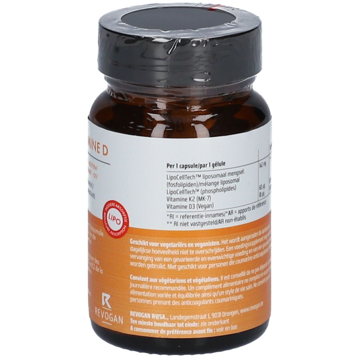 Achterkant van de bruine glazen fles. Ingrediëntenlijst en gebruiksaanwijzing. Merk: Revogan.