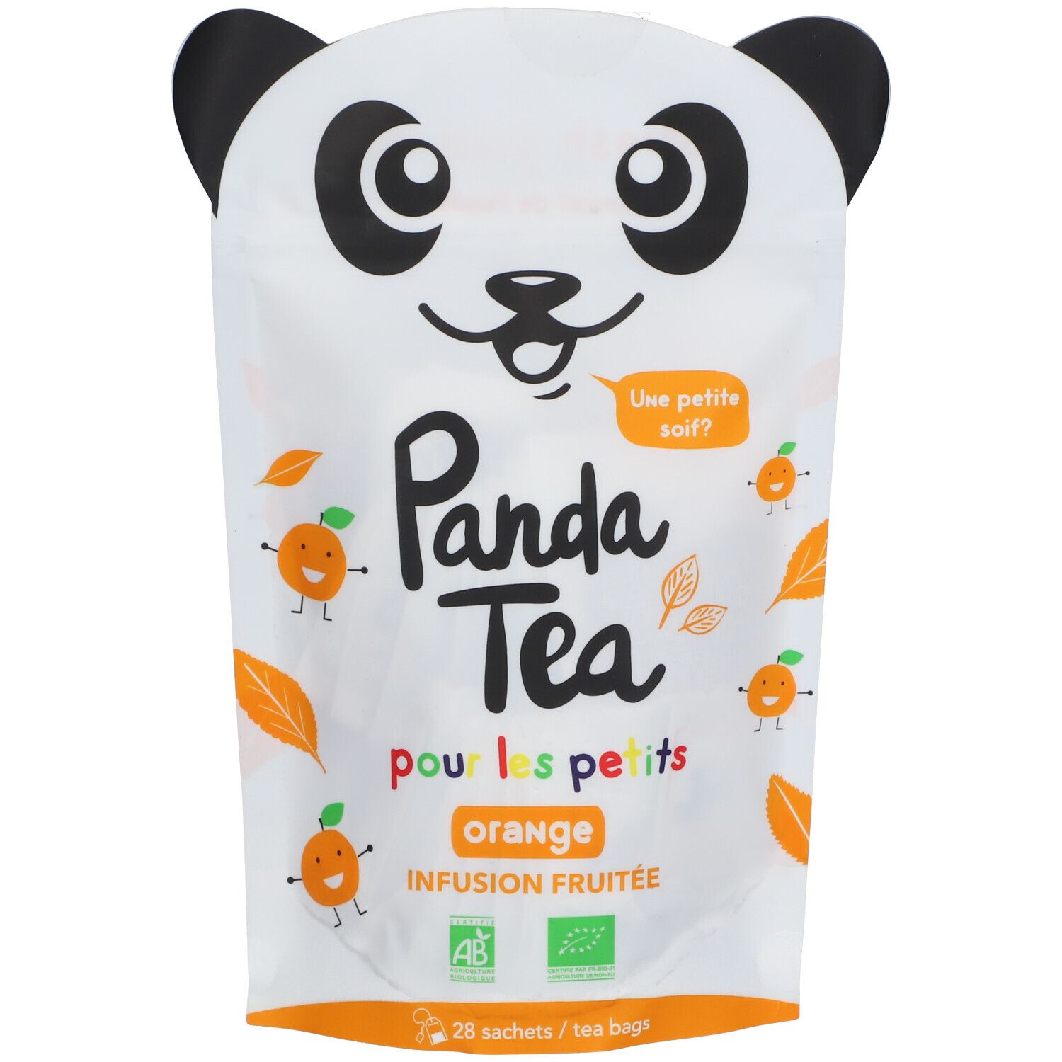 Panda Tea Kids Orange zakje met panda gezicht. Opschrift: "Orange Infusion Fruitée", bio labels, 28 zakjes.