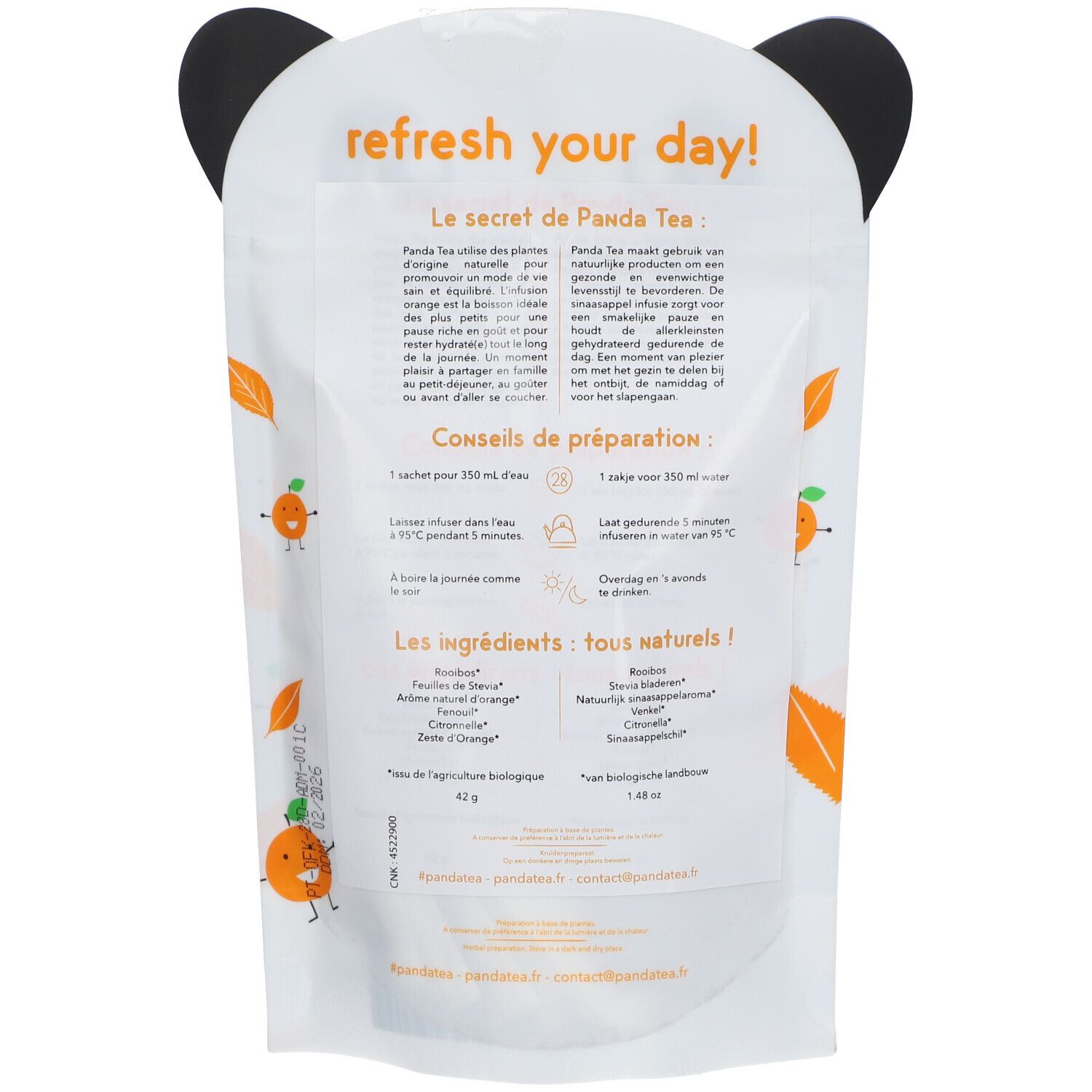 Achterkant van Panda Tea Kids Orange zakje. Tekst: "refresh your day!" en bereidingsinstructies. Ingrediëntenlijst en bio labels.